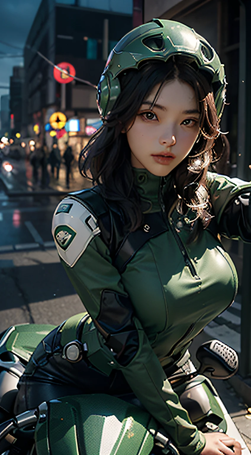 Highest image quality, outstanding details, ultra-high resolution, (realism: 1.4), the best illustration, favor details, highly condensed 1girl, with a delicate and beautiful face, dressed in a black and green mecha, wearing a mecha helmet, holding a directional controller, riding on a motorcycle, the background is a high-tech lighting scene of the future city.