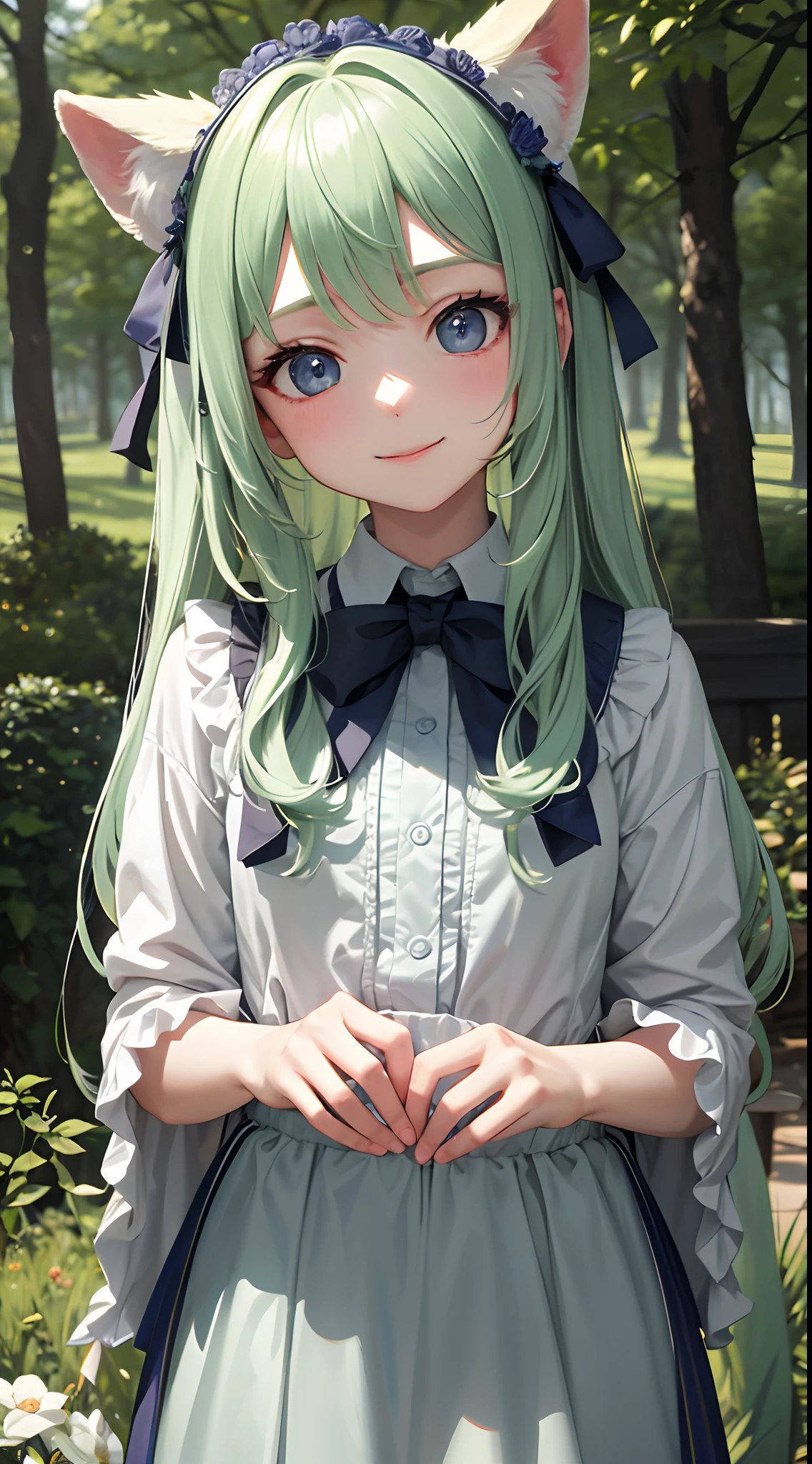 A very cute girl，conservativelydressed，Vivid eyes，ln the forest，ssmile，年轻，𝓡𝓸𝓶𝓪𝓷𝓽𝓲𝓬，grassy，Pastel colors，Hyper-Resolution，accuracy，detail render，（Delicate facial portrayal）（Fine hair portrayal）（highest  quality）（Master masterpieces）（High degree of completion）（a sense of atmosphere）tmasterpiece，ultra - detailed