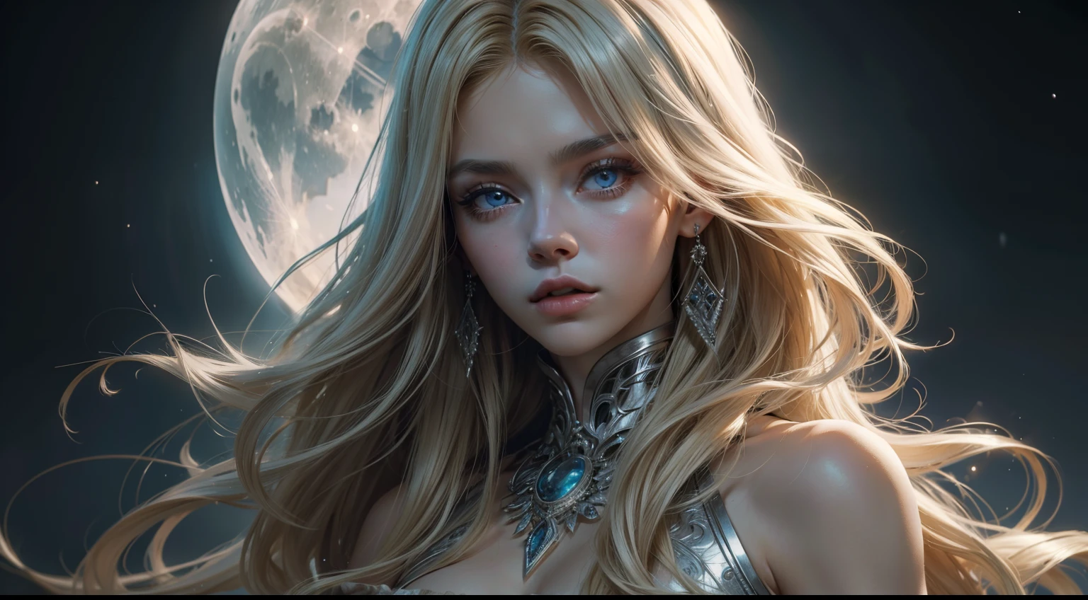 masterpiece, highest quality, (solo focus), (perfect face:1.1), (high detail:1.1), (hyper detailed eyes), dramatic, (1guy:0.5), (pale skin), long blonde hair, ethereal eyes, (light eyebrows), solo, long hair, Jordan Barrett, moon, night, white luxury suit, covered navel, pouty lips, fur, proud expression, futuristic city, detailed background, art by artgerm, cinematic lighting, roses, fashion, BalenciagaStyle