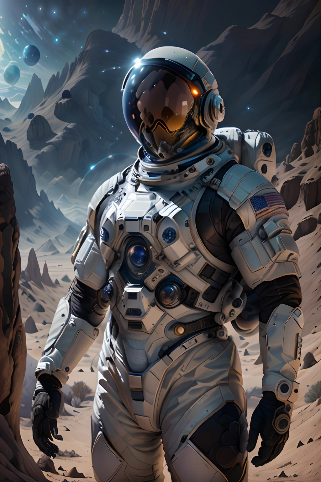 The picture shows a man in a spacesuit exploring a mysterious alien civilization planet, There are mysterious alien creatures everywhere,In the distance are breathtaking images of space,The scene is highly-detailed,Clarity is extraordinary,Every intricate detail of the panorama is captured,((tmasterpiece)),((best qualtiy)),8K,high detal,((Masterpiece)), (Best quality)),