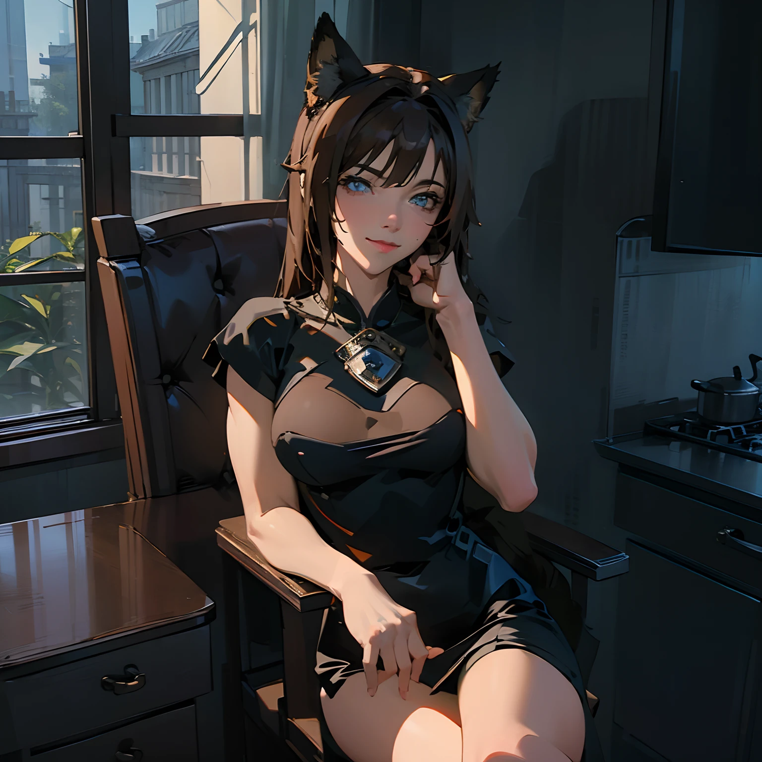 ((masterpiece)),((high resolution)),((best quality)),extremely fine and beautiful, super fine illustration, beautiful detailed girl, supple breasts, front view, facing at viewer, black hair, (Shy :1.1), (see-through:0.8), covered , (crossed legs:0.9), hair covering breasts, dark hair, long hair, fox ears, brillant blue eyes, profile, modest black china dress, black cheongsam, side boob, (((dark voluminous fox tail))),medium-large breasts, medium thighs, (muscular)embarrassed, shy smile, face focus, movie lighting, perfect shadow, realistic lighting shaded, (((kitchen))), (sitting in chair),