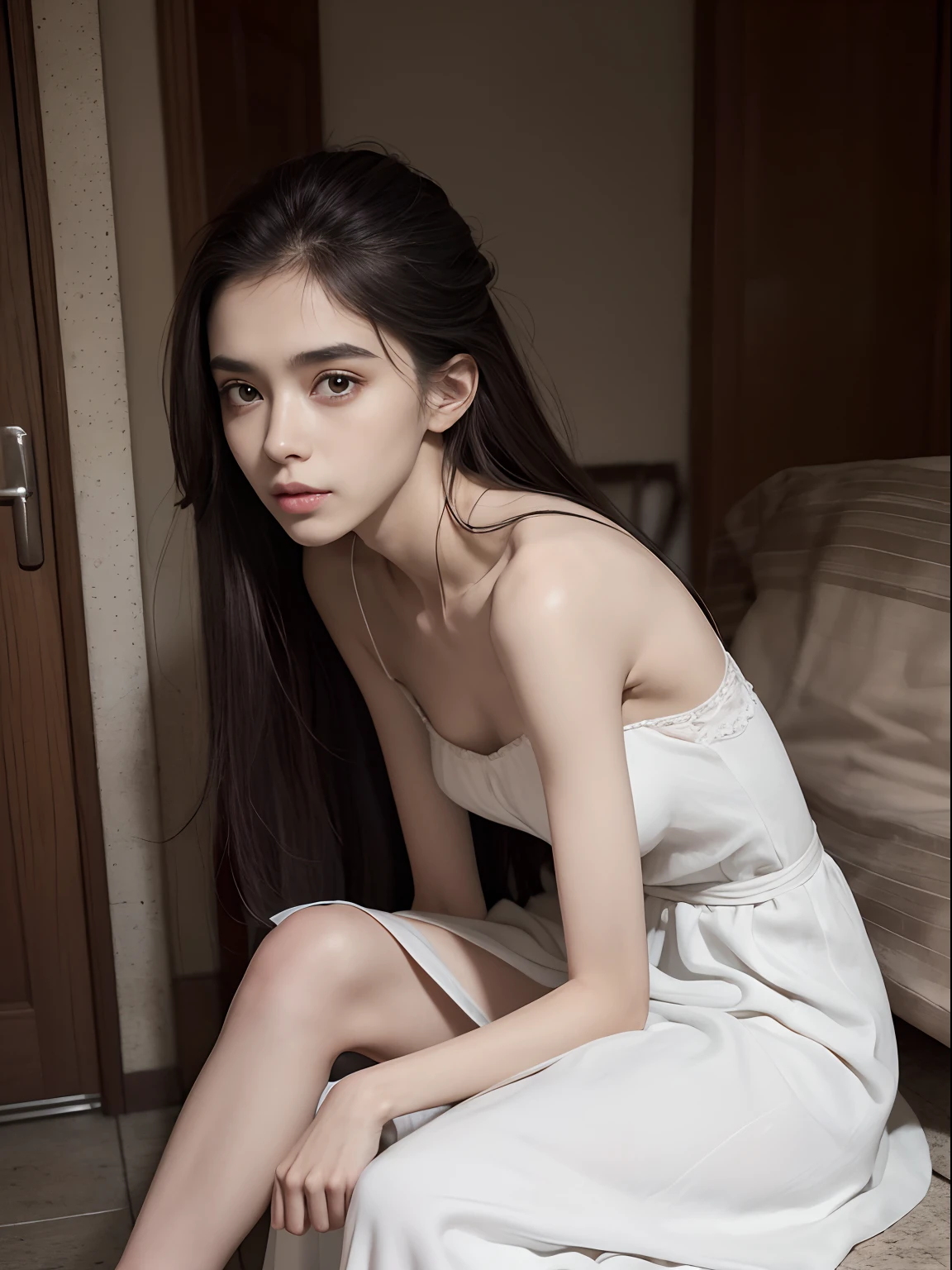 (Photorealistic),(Masterpiece),(ultra-detailed),a very pretty 20 year old girl who has not eaten for 10 years, extremely thin and frail, arm and legs extremely thin as a stick with no fat, smiling faintly, feeling but enduring extreme hunger, wearing a long and loose silky white dress, long hair,big eyes, extremely small face,have almost no fat,extremely weak,whole body,extremely feeble,sitting,legs extremely thin as arms,have almost no energy because she is starving, struggling to sit up,almost starving to death