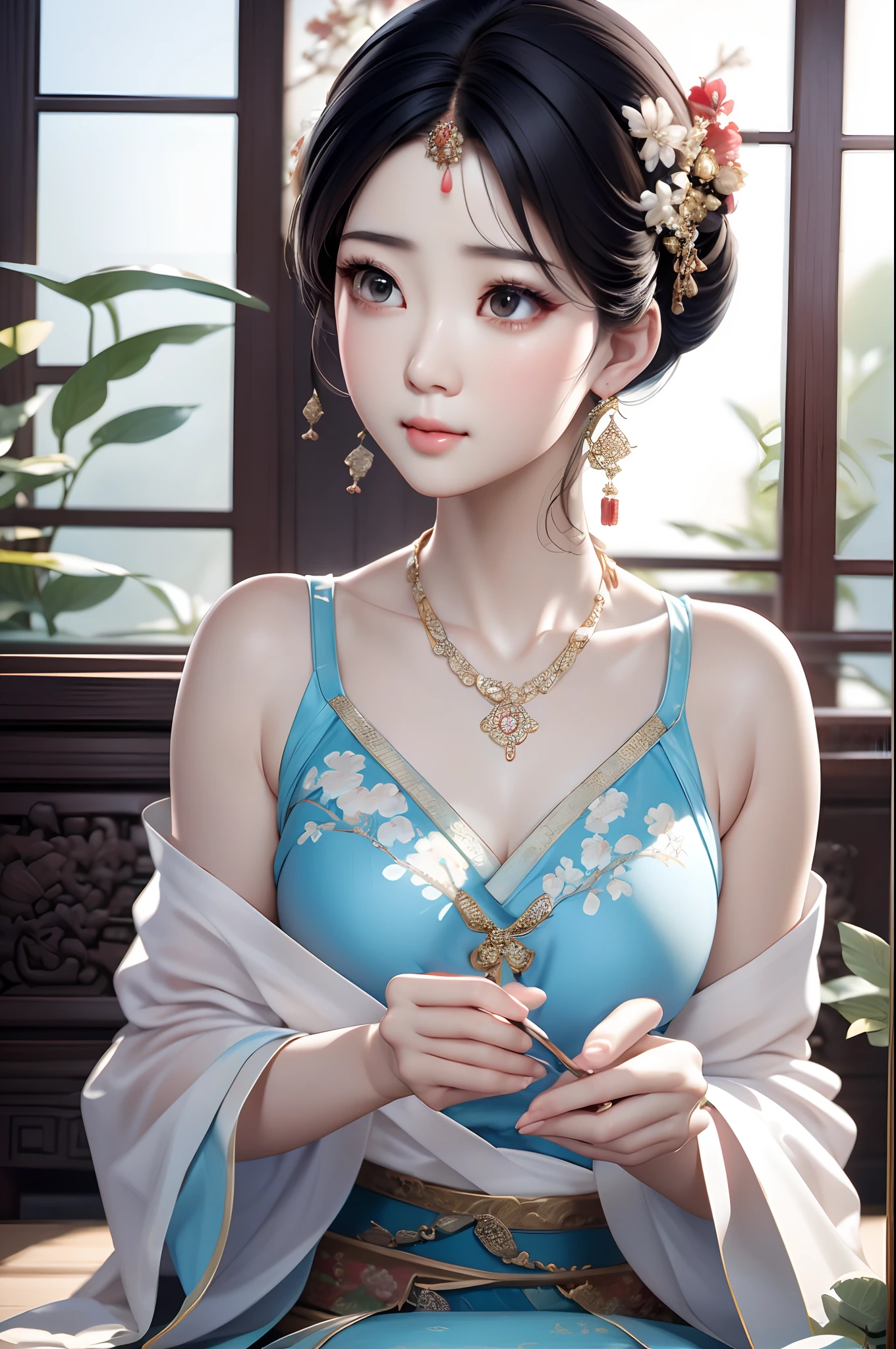 Close-up of a woman wearing a light blue slip dress necklace, Chinese style, Chinese girl, Beautiful character painting, Guviz-style artwork, Palace ， A girl in Hanfu, Beautiful rendering of the Tang Dynasty, Realistic anime 3 D style, trending on cgstation, 8K high quality detailed art, Princesa chinesa antiga, Chinese woman, Guviz