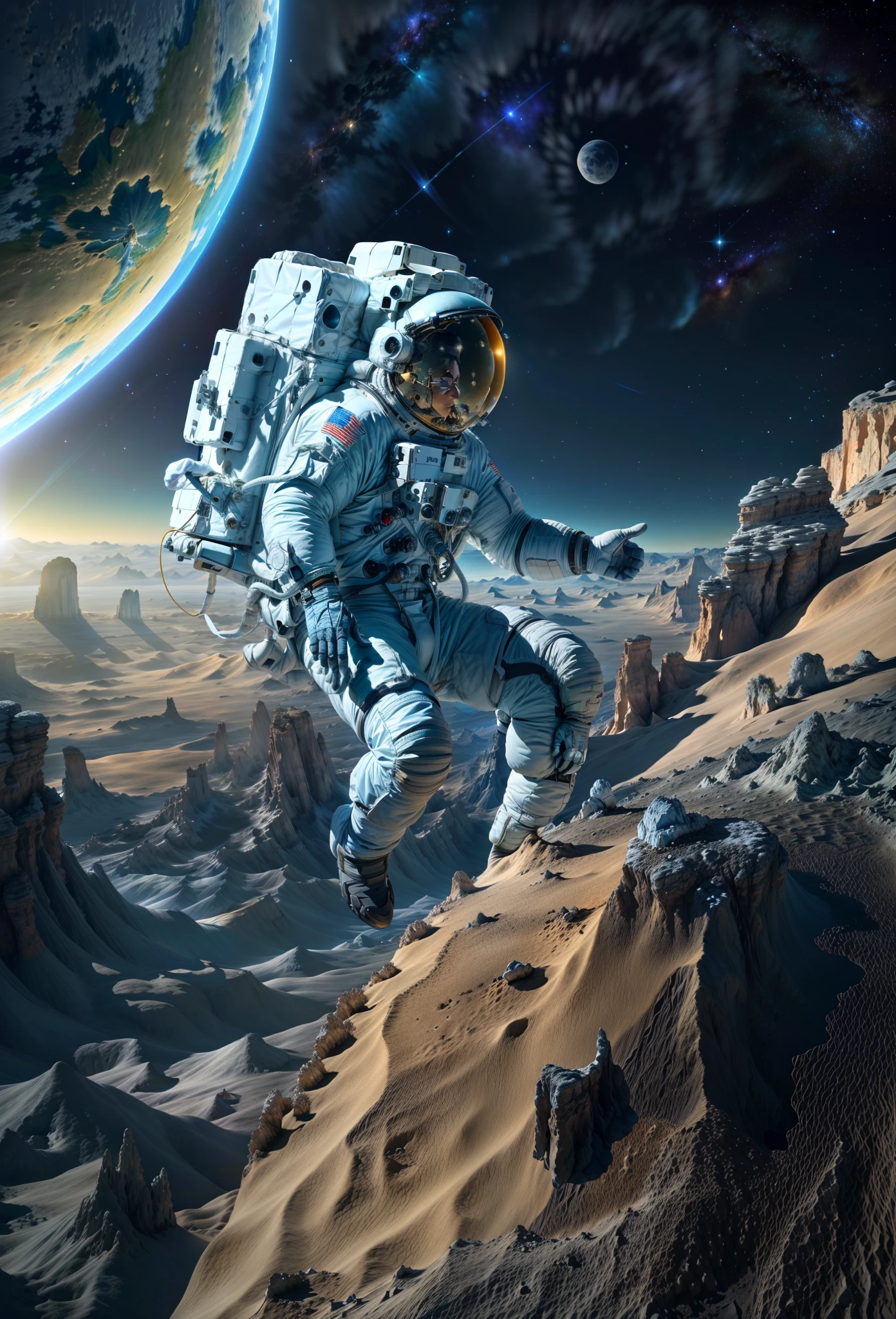 (Best quality,4K,8K,A high resolution,Masterpiece:1.2),Ultra-detailed,(Realistic,Photorealistic,photo-realistic:1.37),Exotic dreamy landscape, (Distant planetary sky, A man wearing a blue spacesuit made of cutting-edge technology of the future, Close-up of climbing cliffs on an asteroid: 1.5), Ringed planets floating in the sky,illustration, bright and shining stars, Stunning galactic background,A feeling of mystery and tranquility,Magical atmosphere, A happy and peaceful scene,Surreal and ethereal colors,Textured landscape,Otherworldly environment, Magnificent view,Hazy and mysterious atmosphere,Dramatic lighting and shadows, Unique rock formations,A thrilling sense of adventure,Awe-inspiring natural wonders, Grandeur and sense of scale, Endless exploration possibilities，spacesuit，(High-tech spacesuit，High-detail spacesuit，The next generation of astronauts)