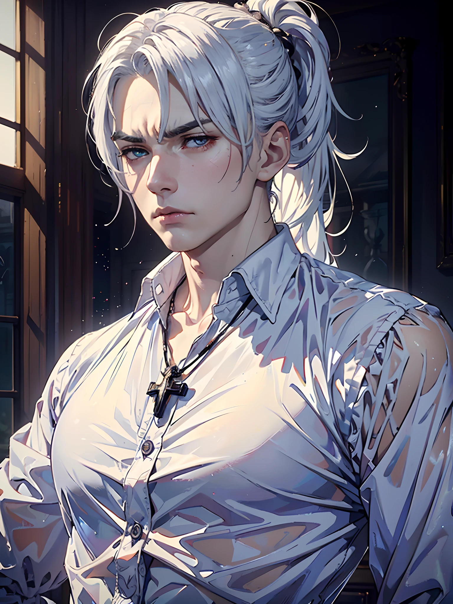 (Masterpiece, highly detailed, anime, 4k, best quality, bust shot) (1man, ghost, pale skin, translucent skin, white hair, long thick ponytail, violet eyes, masculine eyes, Victorian clothes, button up, calm appearance, lifeless eyes, cross necklace, sad expression, masculine, see through, translucent, white skin, Victorian bedroom)