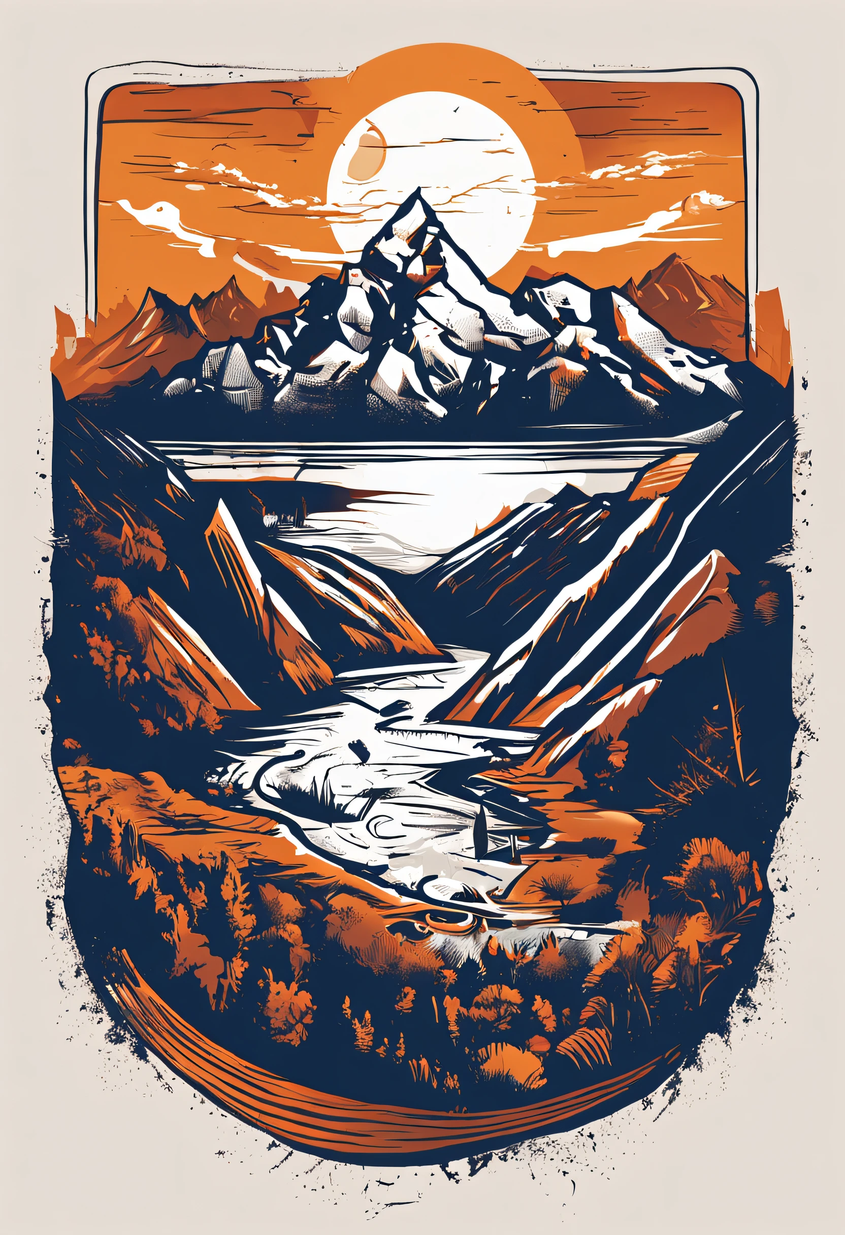 print ready vector t-shirt design, adventure scene with explorer, with beautiful nocturnal sun and mountain in the background, clean white background, professional vector, full shot, 8K resolution, deep impression illustration