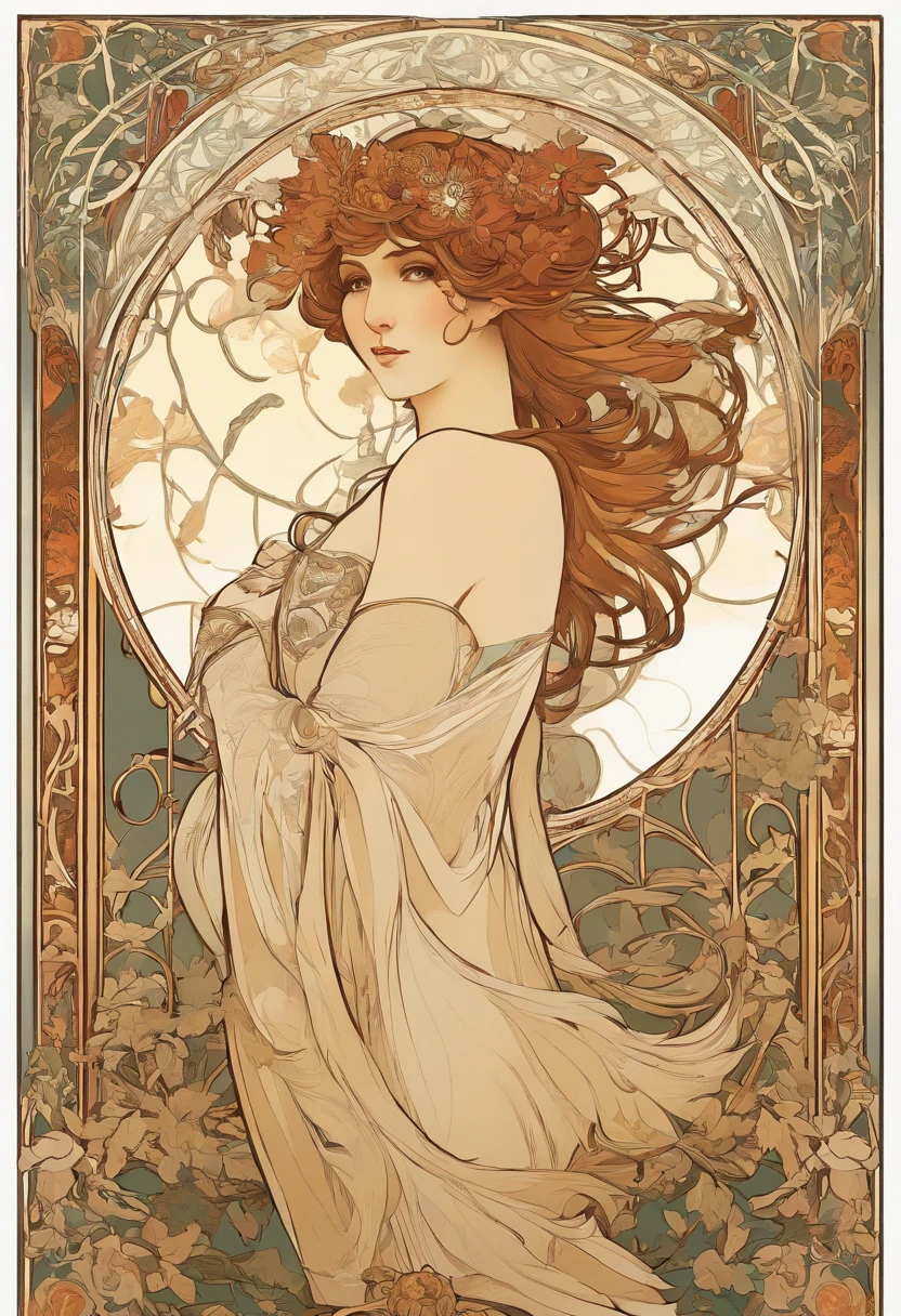 8K.Posterillustration im Alphonse Mucha-Stil, Flache Lackierung, naughty western girl, Jahre, mit langen roten Haaren, kurzem Kleid, mit einem Stab mit Blitzen in der Hand,Whole body like,slender body,bare feet,jugendstil, nordlichter im Hintergrund, NFFSW, Masterpiece, Alfonse Mucha, Hohe Detailgenauigkeit