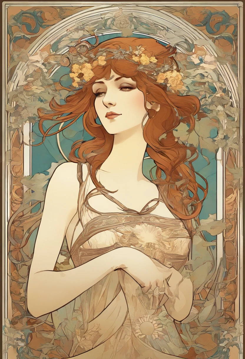 8K.Posterillustration im Alphonse Mucha-Stil, Flache Lackierung, naughty western girl, 14 Jahre, mit langen roten Haaren, kurzem Kleid, mit einem Stab mit Blitzen in der Hand,Whole body like,slender body,bare feet,jugendstil, nordlichter im Hintergrund, NFFSW, Masterpiece, Alfonse Mucha, Hohe Detailgenauigkeit