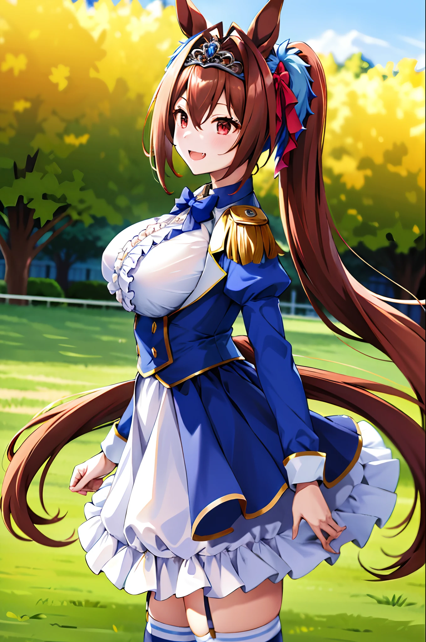 masterpiece, best quality, highres, 1girl, daiwa scarlet (umamusume), horse ears, long hair, twintails, tiara, horse tail, very long hair, brown hair, epaulettes, garter straps, long sleeves, large breasts, fang, red eyes, bowtie, bangs, puffy sleeves, blue jacket, white thighhighs, center frills, white shirt, hair between eyes, white skirt, blue skirt, hair bow,  standing, field, outdoors, smile, from side,