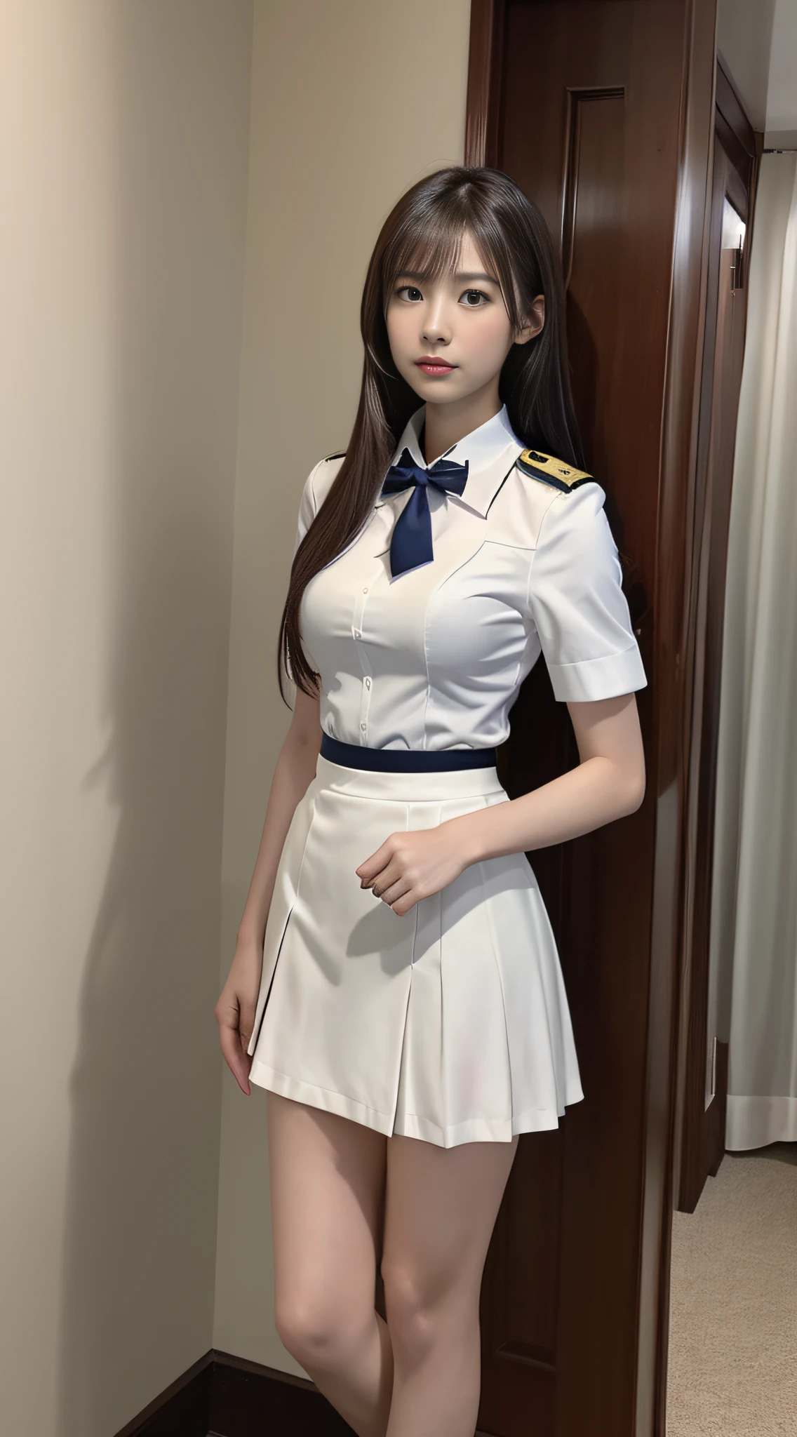 highest quality, masterpiece, Ultra-high resolution, (Realistic:1.4), RAW Photos, One girl, indoor, View Viewer, Sailor suit, mini skirt,(White skin), Short Hair, Beautiful breasts,whole body,Black Hair