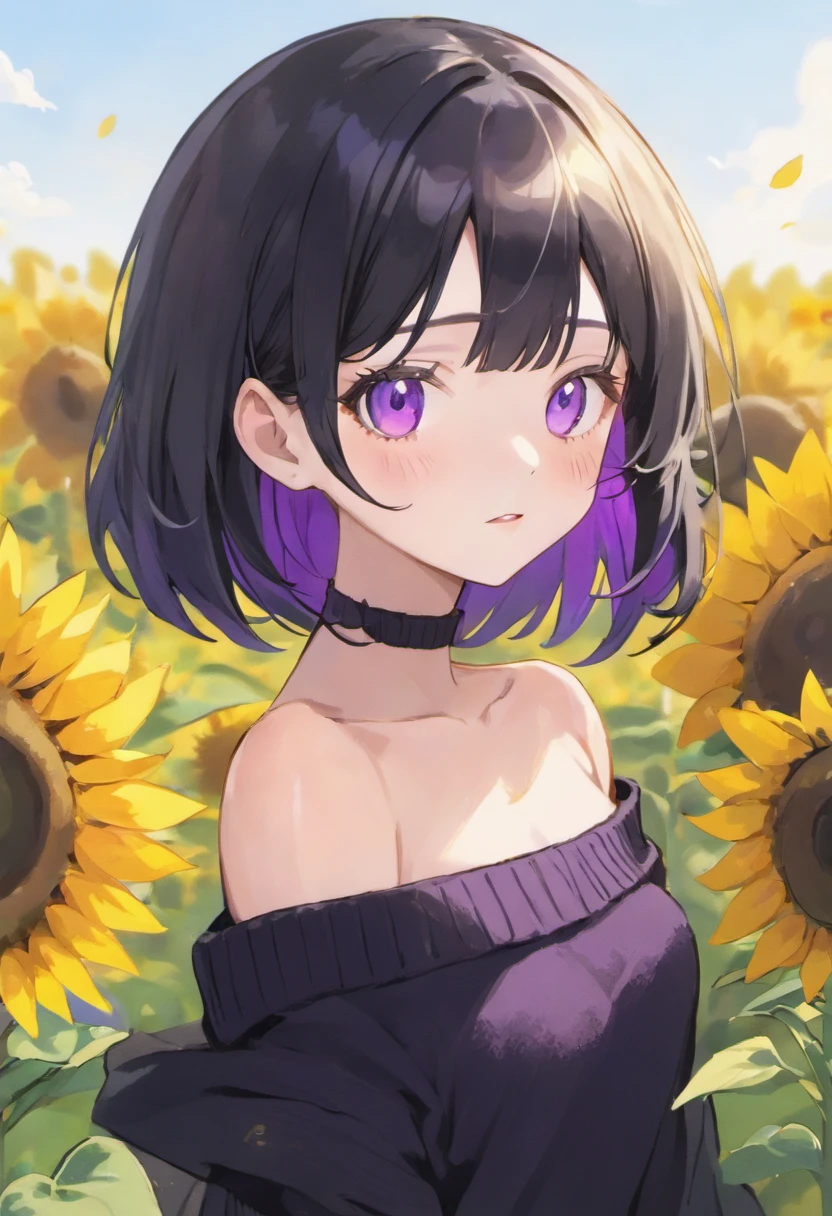 black haired goth korean girl with purple eyes freckles straight hime cut bangs and a black off shoulder sweater in a sunflower field