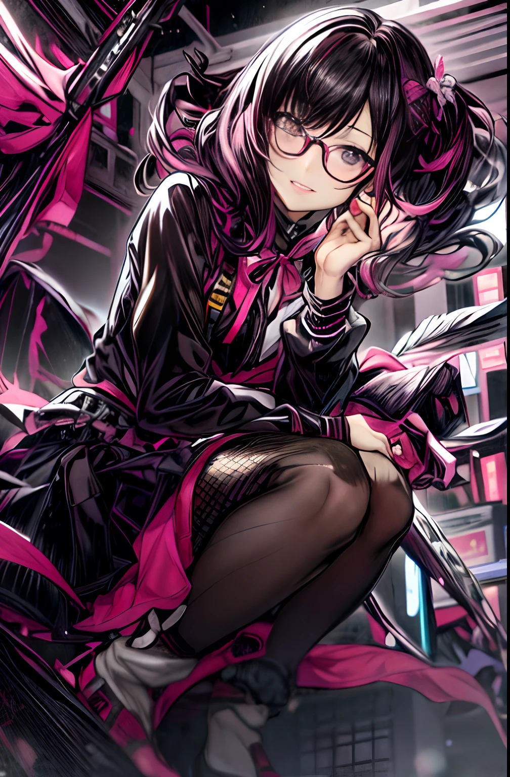 Glasses、eye glass、Pink and black hair colors、Black clothes、Black skirt、Guitar、white sock、