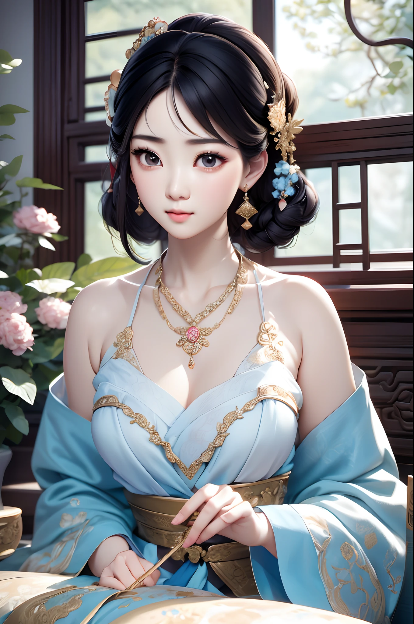 Close-up of a woman wearing a light blue slip dress necklace, Chinese style, Chinese girl, Beautiful character painting, Guviz-style artwork, Palace ， A girl in Hanfu, Beautiful rendering of the Tang Dynasty, Realistic anime 3 D style, trending on cgstation, 8K high quality detailed art, Princesa chinesa antiga, Chinese woman, Guviz