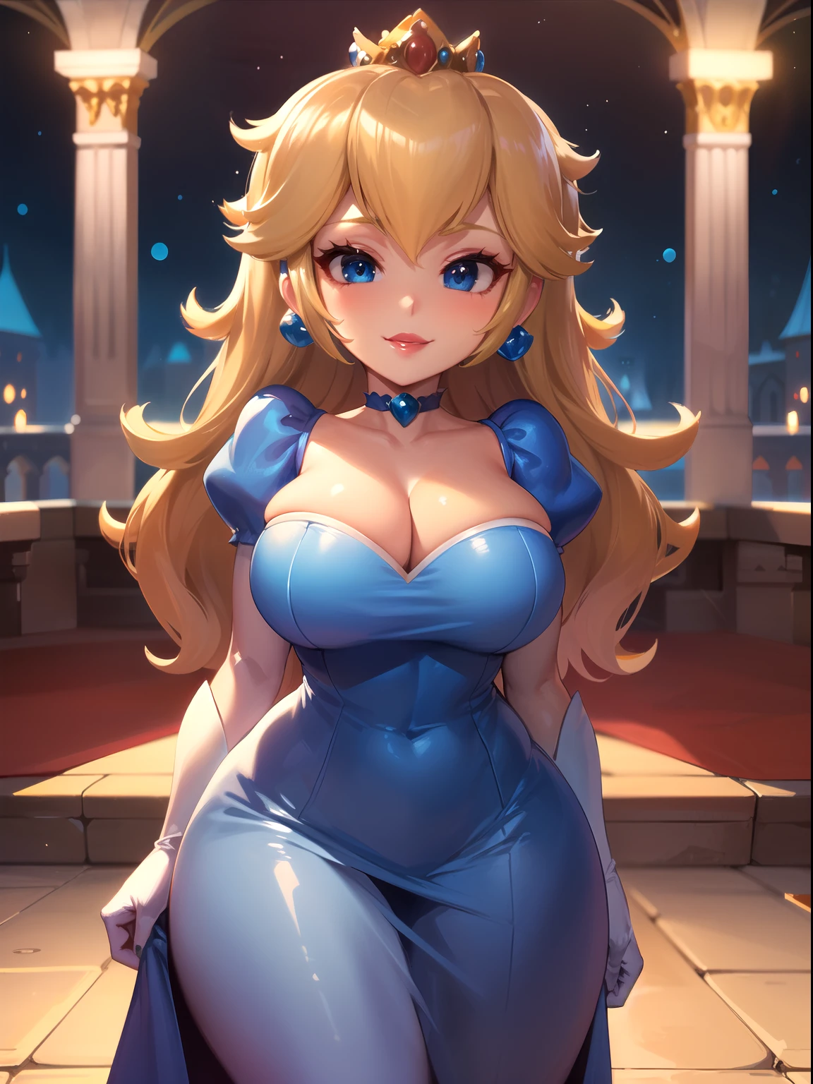 1girl,solo, (PrincessPeach), (Princess Peach), (Blue Dress:1.2), detailled eyes, blue eyes, choker,heavily makeup, glossy lips, red lips,smirk ,curvy ,wind hips,huge breasts ,glossy skin,oily skin,beautiful light, dark-skinned female,castles,indoor,cowboy shot,