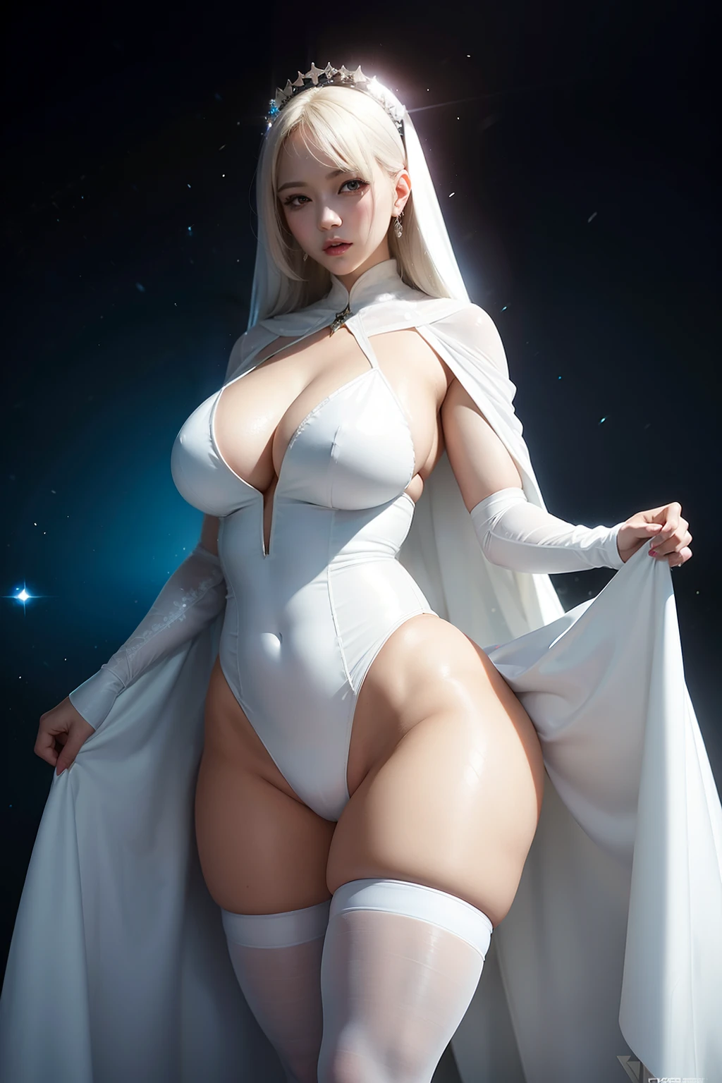 woman in a white dress and a cape, concept art inspired by rossdraws, trending on cgsociety, conceptual art, shiny pale white porcelain skin, glossy white suit, thick smooth warframe thighs, wearing white leotard, wlop glossy skin, thicc