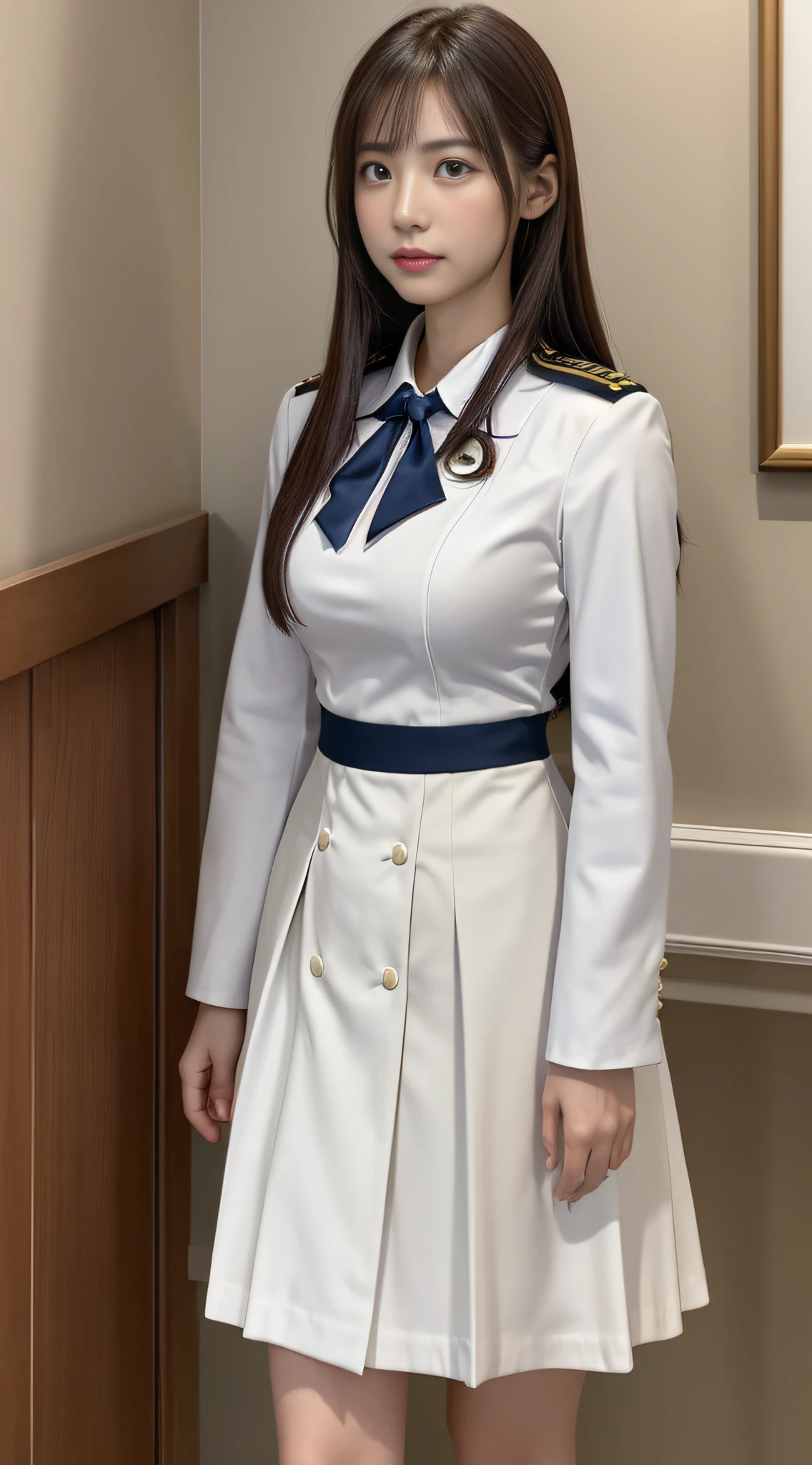 【Top resolution、Distinct_image】top-quality、​masterpiece、high-level image quality、Realisticity、Female Officer、Plain white uniform、No tie,Plain white tight skirt、military outfits、Corporal of the Navy、Naval Academy、Misa Hayase