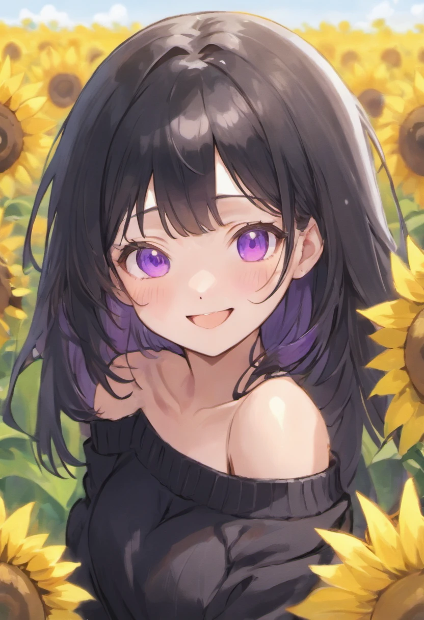 Long black haired goth korean girl with purple eyes freckles straight hime cut bangs and a black off shoulder sweater in a sunflower field happy smiling beautiful shy blushing