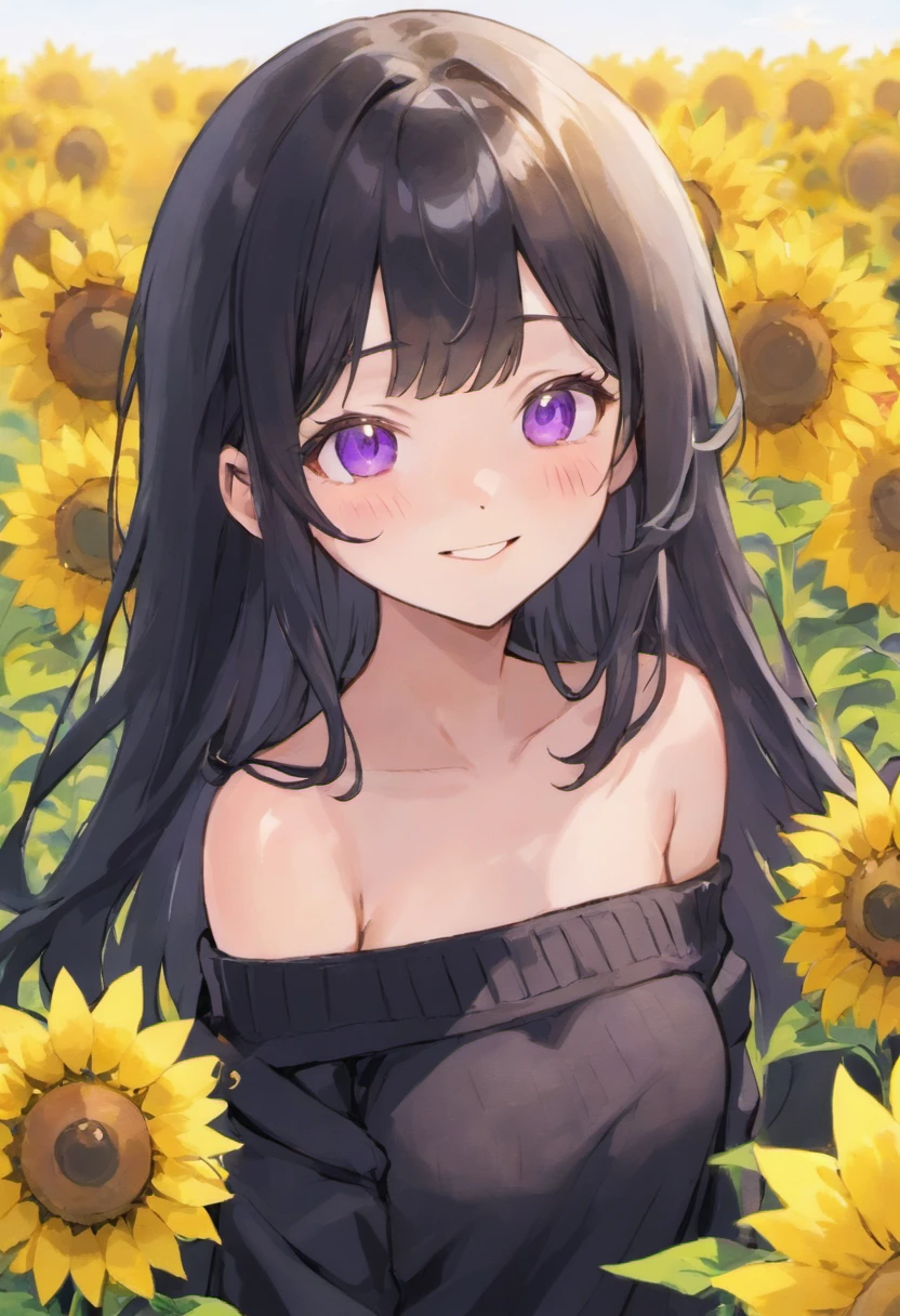 Long black haired goth korean girl with purple eyes freckles straight hime cut bangs and a black off shoulder sweater in a sunflower field happy smiling beautiful shy blushing