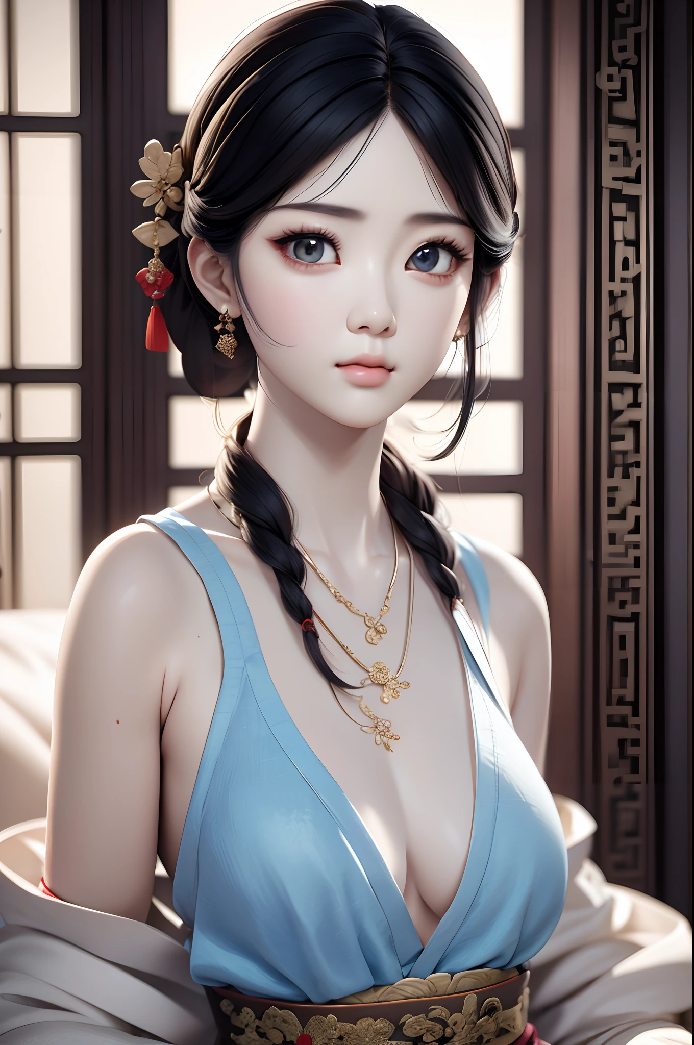 Close-up of a woman wearing a light blue slip dress necklace, Chinese style, Chinese girl, Beautiful character painting, Guviz-style artwork, Palace , A girl in Hanfu, Beautiful rendering of the Tang Dynasty, Realistic anime 3 D style, trending on cgstation, 8K high quality detailed art, Princesa chinesa antiga, Chinese woman, Guviz