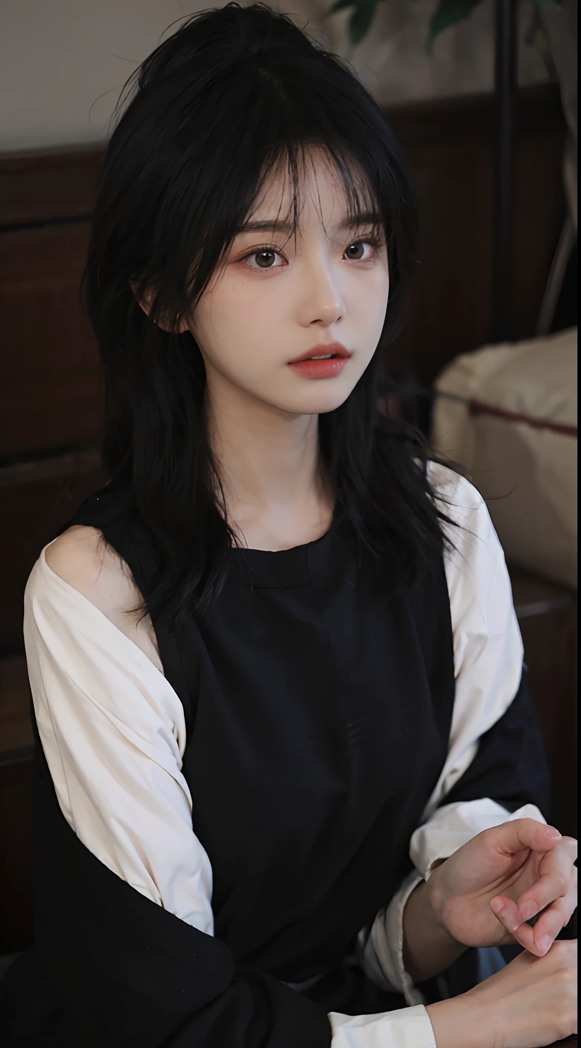 best qualtiy,tmasterpiece,超高分辨率,(realisticlying:1.4),a close up of a woman with long black hair wearing a black dress, Cai Xukun, gorgeous chinese models, Gorgeous young Korean woman, beautiful Korean women, yanjun cheng, xintong chen, ruan jia beautiful!, Beautiful young Korean woman,
