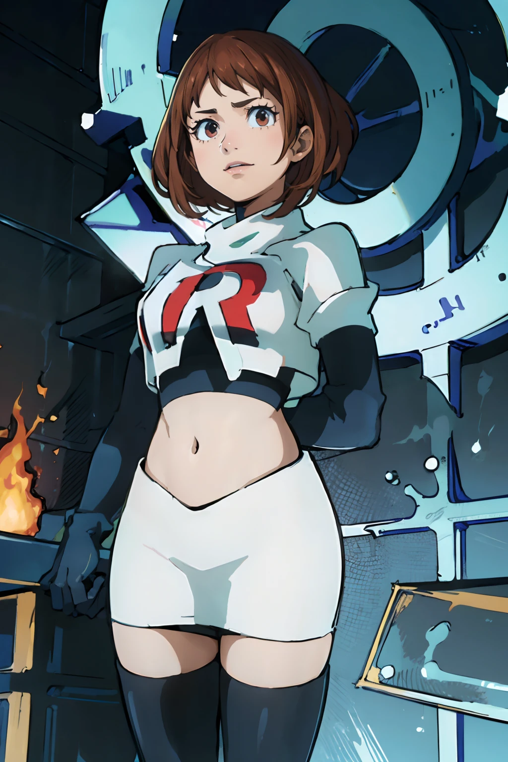 ochaco_uraraka, team rocket,team rocket uniform, red letter R, white skirt,white crop top,black thigh-highs,black elbow gloves, evil laugh, looking down on viewer (best quality,4k,8k,highres,masterpiece:1.2),ultra-detailed,(realistic,photorealistic,photo-realistic:1.37), portraits, vivid colors, studio lighting, oil painting style, warm color tones, soft lighting, intense shading