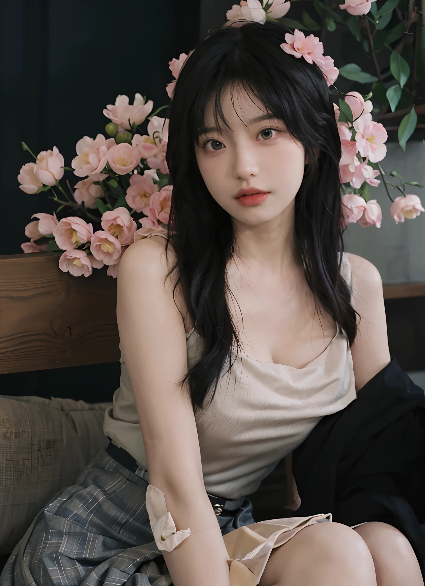best qualtiy, 超高分辨率, (realisticlying:1.4), one-girl, A pair of clear and moving peach blossom eyes,Royal Sister,Black long straight,Yellow tight skirt, (big cleavage breasts:1.2), looking at viewert, closeup cleavage ,