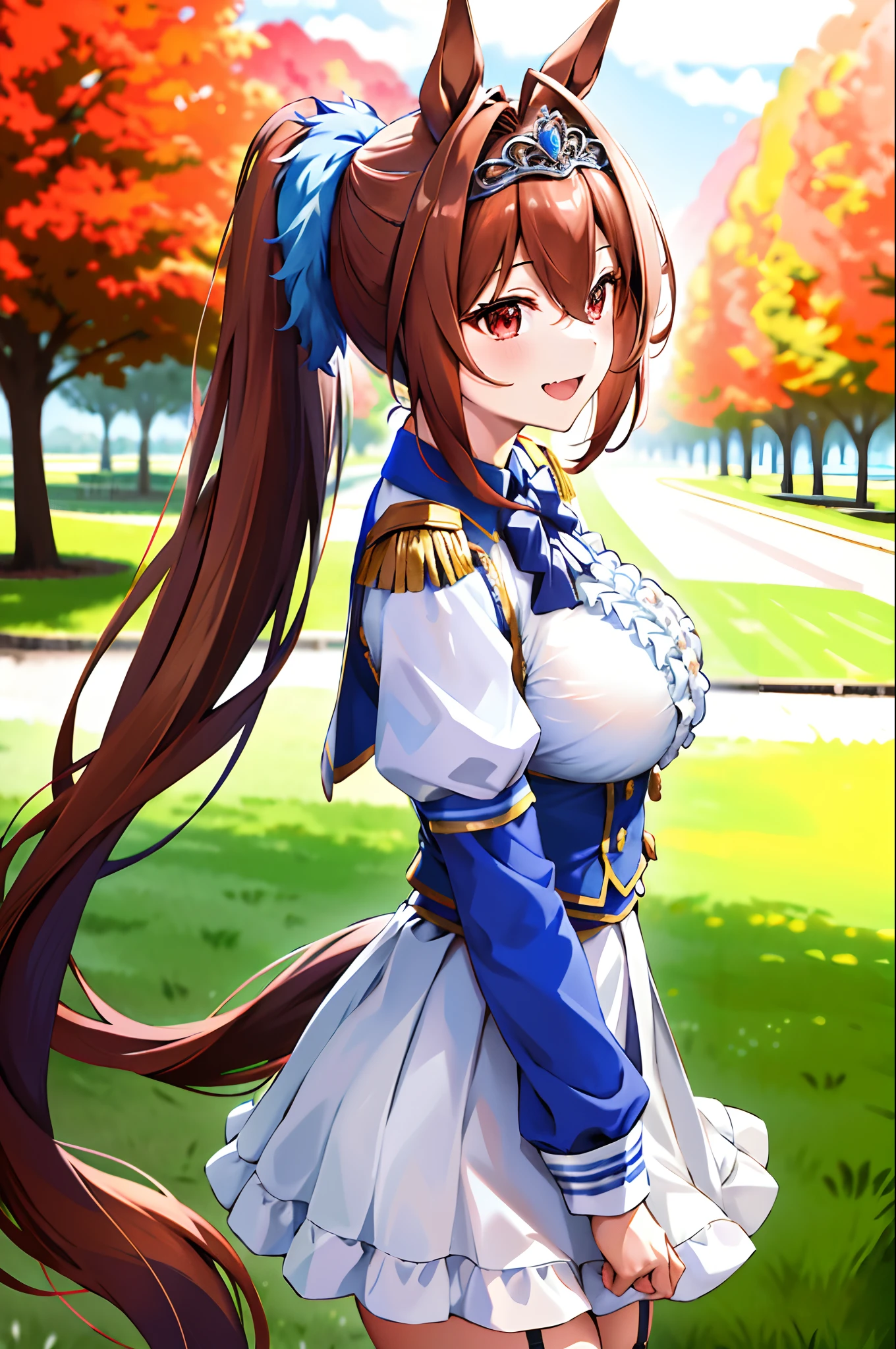 master masterpiece、bestquality、Hi-Res、1girle、Daiwa Scarlet(Uma Musume)、parts、Long、twintails、tiara、Horsetail、Very Longhair、Brown hair、Shoulder board、Garter straps、Redeye、bow tie、bangs、puffy sleeves、Blue Jacket、white thighhighs、Center frills、white shirts、Hair Between Eyes、white skirt、Blue skirt、Hair bow、Standing、field、outdoors、smiles、 shiny oily skin with high contrast、、huge long chest、Big breasts emphasis、Naughty thighs、H Cup、solo、White underwear、(wind blow、wind lift、Skirt lifted by the wind、Skirt rolled up by the wind、Skirt flutters:1.5)、(Fully exposed panties:1.5)、white ribbed panties:1.5、Burst breasts,(Full Shot:1.3)