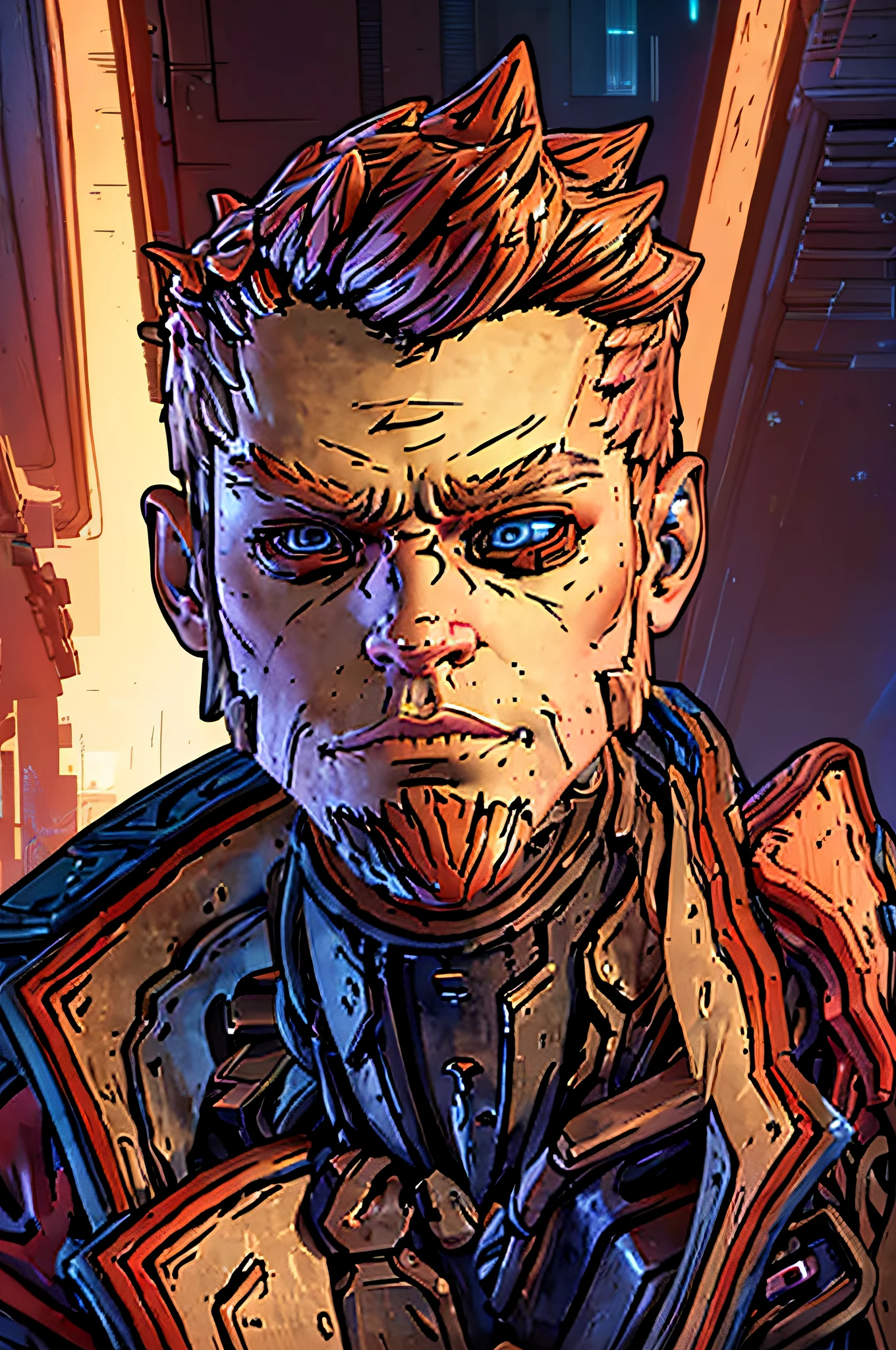 (high quality:1.2), ultra-detailed, realistic:1.37, cyberpunk, Zane (Borderlands), red jacket, cybernetic clothing, red hair, masterpiece, vivid colors, detailed facial features, intense expression, futuristic background, professional lighting