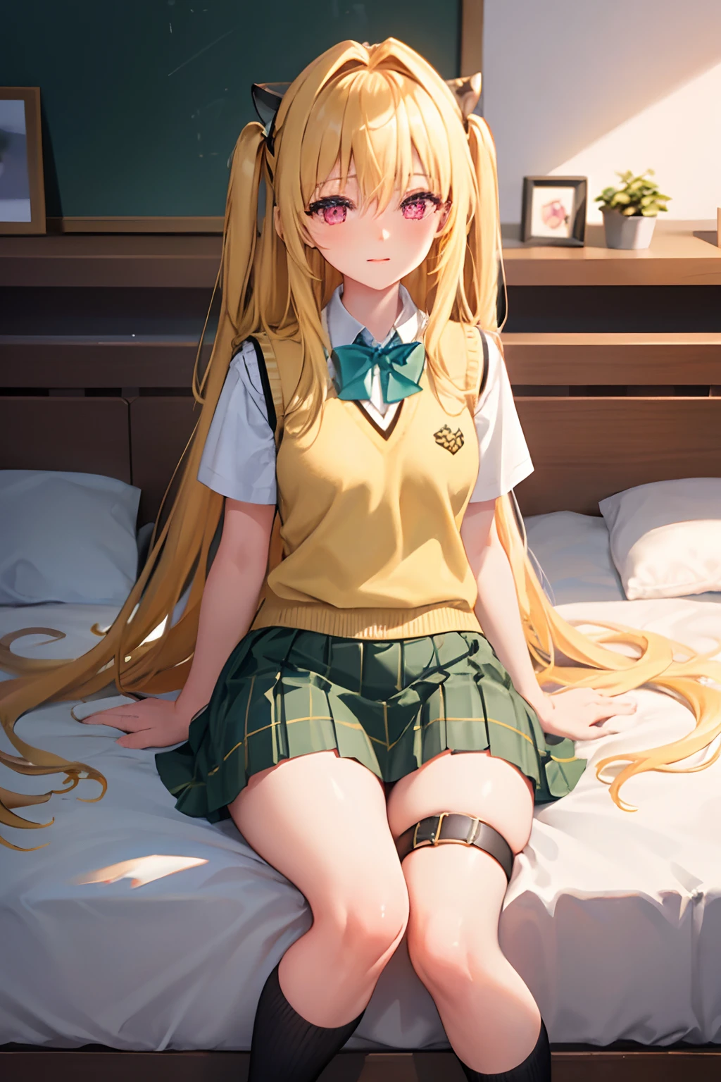 masutepiece, Best Quality,NSFW,Detailed Focus:1.3, 1womanl,School uniform,on the beds,((Lying on your back:1.3)),(Bend your knees and open your legs:1.3) ,White string panties,Looking at Viewer, Cute, medium breasts, Yellow eyes, ,Grey V-neck sweater,Pleated skirt with dark blue tartan plaid pattern, Yellow hair, Long hair,Beautiful detailed eyes, embarrassed,Late night bedroom background,(Low position shooting 1.5),(Close-up in the crotch:1.3),Anatomically accurate drawing