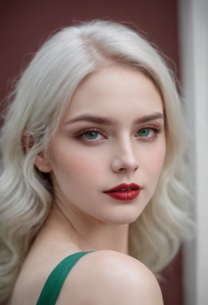 (((a deep reddish wound crosses her left cheek))) fair complexion, woman around 19 years old, natural white hair, distinctive green eyes, wearing kohl, slender and graceful, beautiful, ultra sharp focus, realistic shot, short blue revealing dress, tetradic colors (scar:1.4)