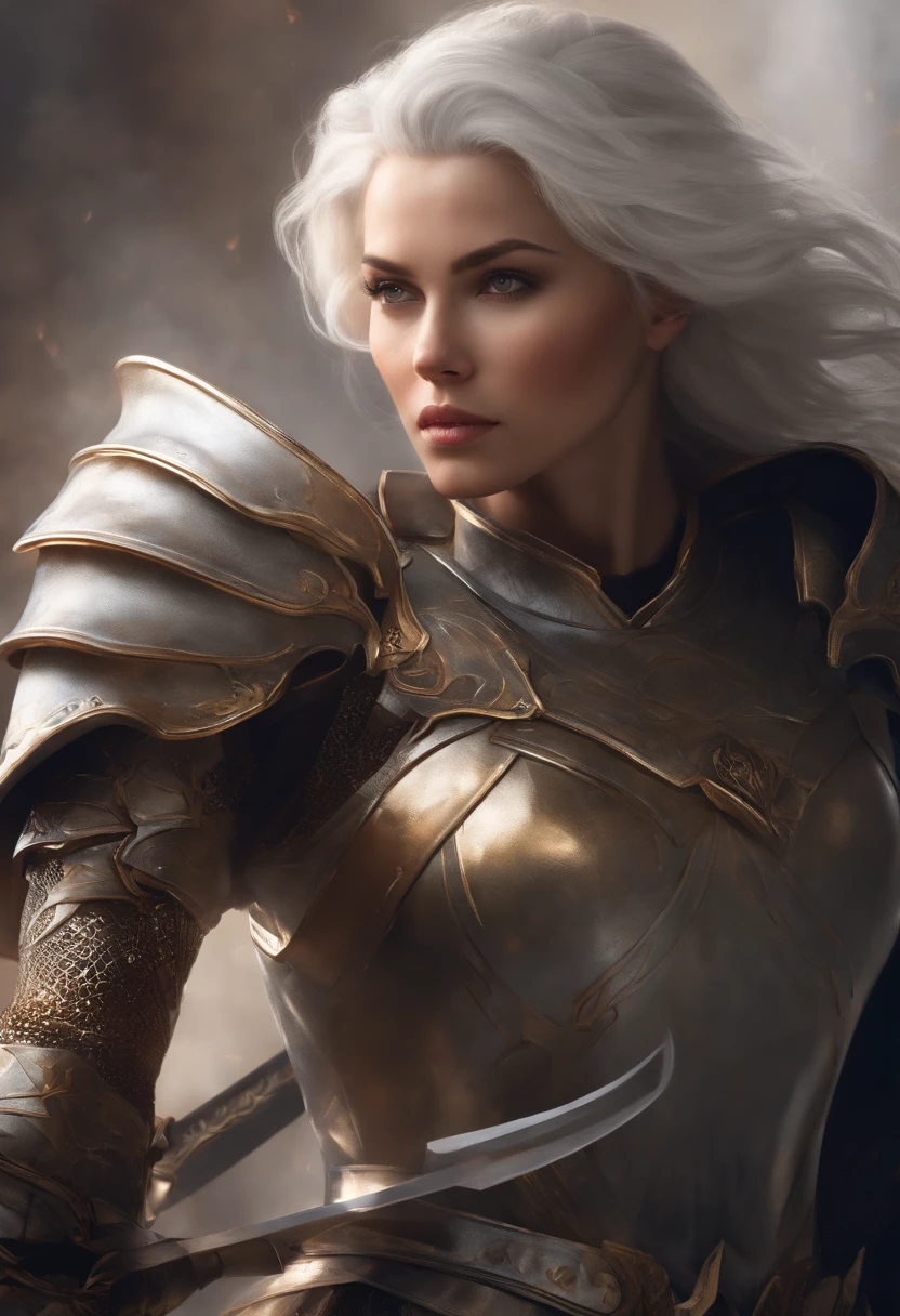 a matural female，A general,Dignified appearance，with short white hair，Strong and strong body，Wearing armor，Holding a sword，Background nothingness，Two-dimensional style
