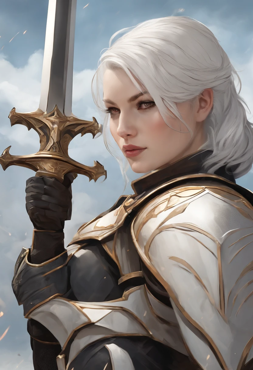 a matural female,A general,Dignified appearance,with short white hair,Strong and strong body,Wearing armor,Holding a sword,Background nothingness,Two-dimensional style