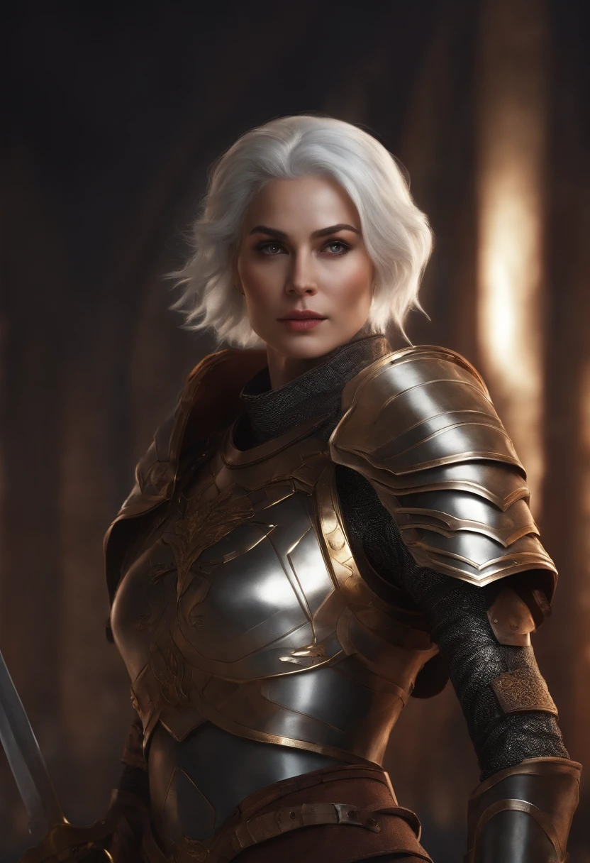 a matural female,A general,Dignified appearance,with short white hair,Strong and strong body,Wearing armor,Holding a sword,Background nothingness,Two-dimensional style