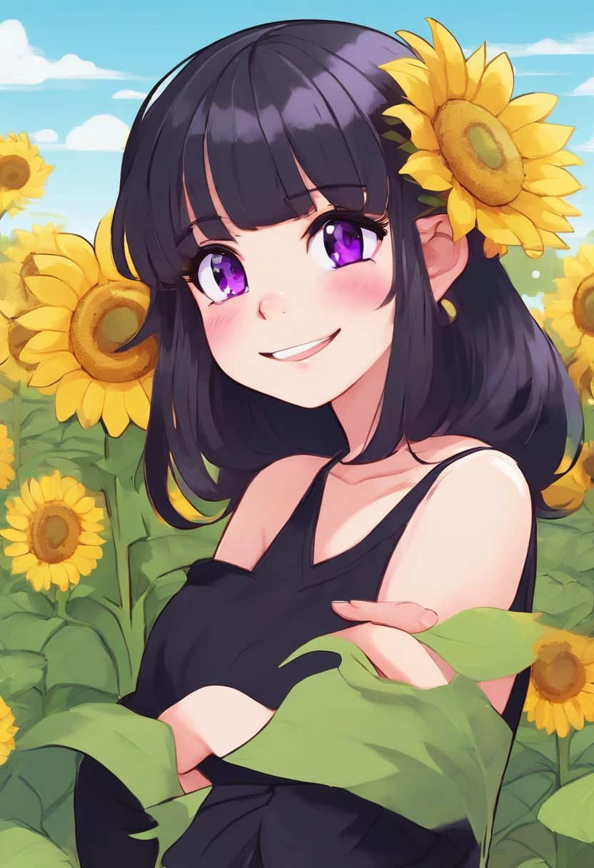 Long black haired goth korean girl with purple eyes freckles straight hime cut bangs and a black off shoulder sweater in a sunflower field happy smiling beautiful shy blushing