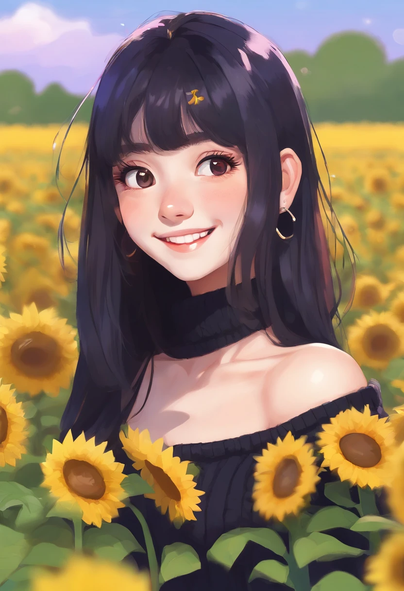 Long black haired goth korean girl with purple eyes freckles straight hime cut bangs and a black off shoulder sweater in a sunflower field happy smiling beautiful shy blushing