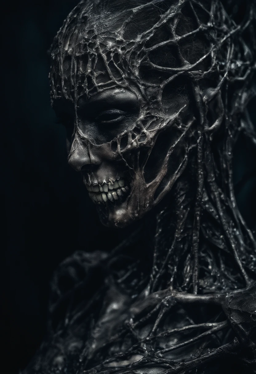 Photographic still of an sexy female alien, translucent skin, teeth dripping,, veins showing beneath it's skin, dark, onimous