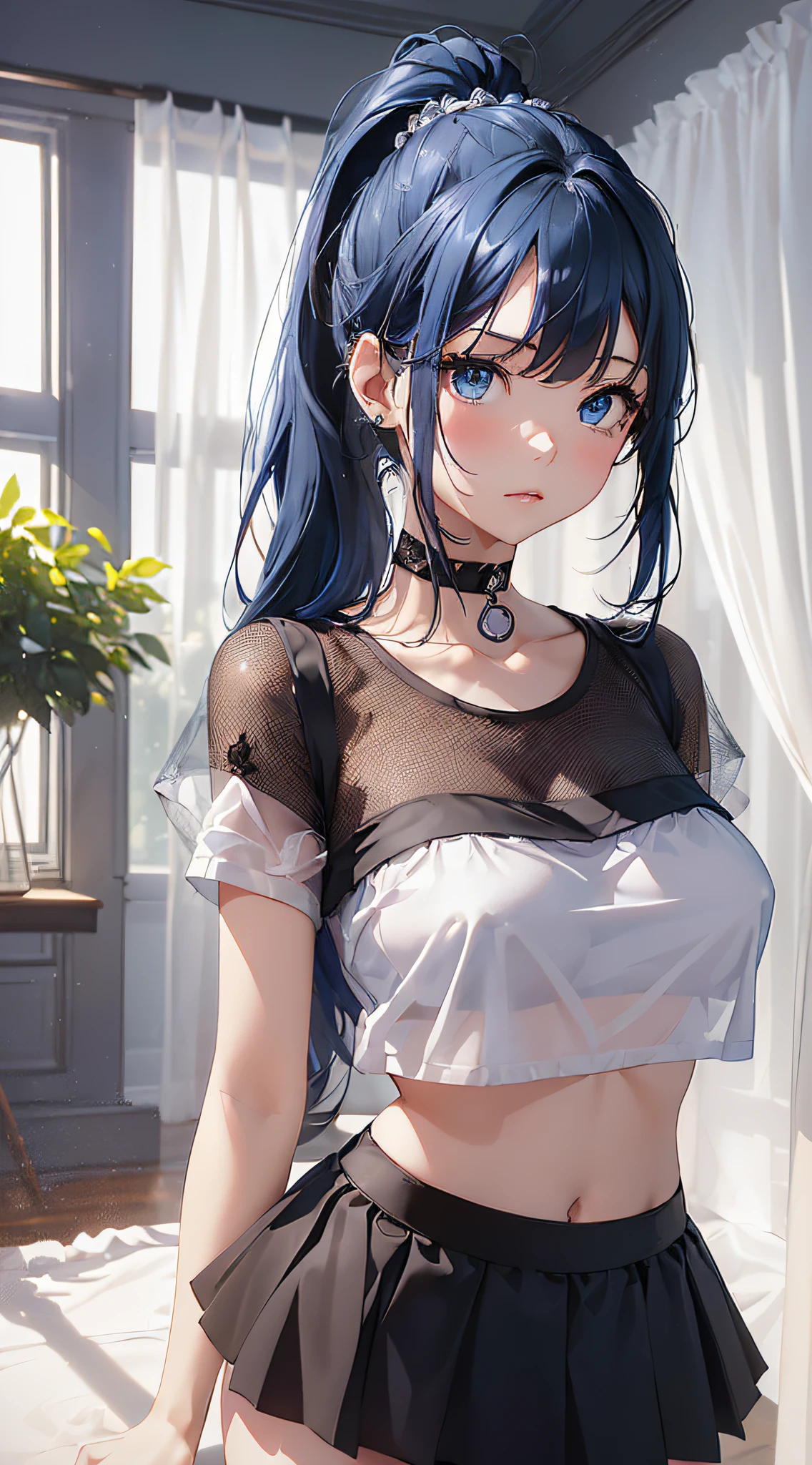 top-quality、Top image quality、masterpiece、girl with((cute little、18year old、Best Bust、Medium bust、Bust 85,Beautiful blue eyes、Breasts wide open,Ponytail with black hair、A slender、Blue hair mesh、Beautiful black pitchley t-shirt、Beautiful black short skirt,jumpping))hiquality、Beautiful Art、Background with((Large White Room、White curtains、)),masutepiece、Elaborate design、visualart、depth of fields、The best lighting、highestdetailed、8k