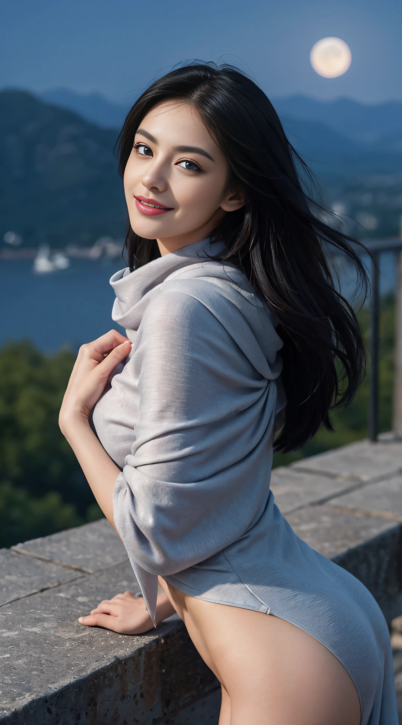 8K, Top Quality, Intricate Details, Ultra Detail, Ultra High Resolution, Masterpiece, random angle, Slender, Smile, (Makeup: 0.4), (Fluffy Blue Eyes: 1.21), blue Eyes, looking at viewer, ((full body)), 1girl, solo, 1 girl, (( full body)), close up shot, , ((tall)), (((fit body))), (((slim face))), sharp face, sharp eyes, (((black hair, long hair, )) , (detailed face), sharp face, small lips, windy ,
(( )), ((shawl)), detailed face, detailed breast, , large breast, detail ass, , Beautiful girl with accentuated slender abs: 1.4, Six Pack Abs: 1.4, Bust Botox, Big, Perfect Body, detail leg, (( moonlight)), top of mountain
