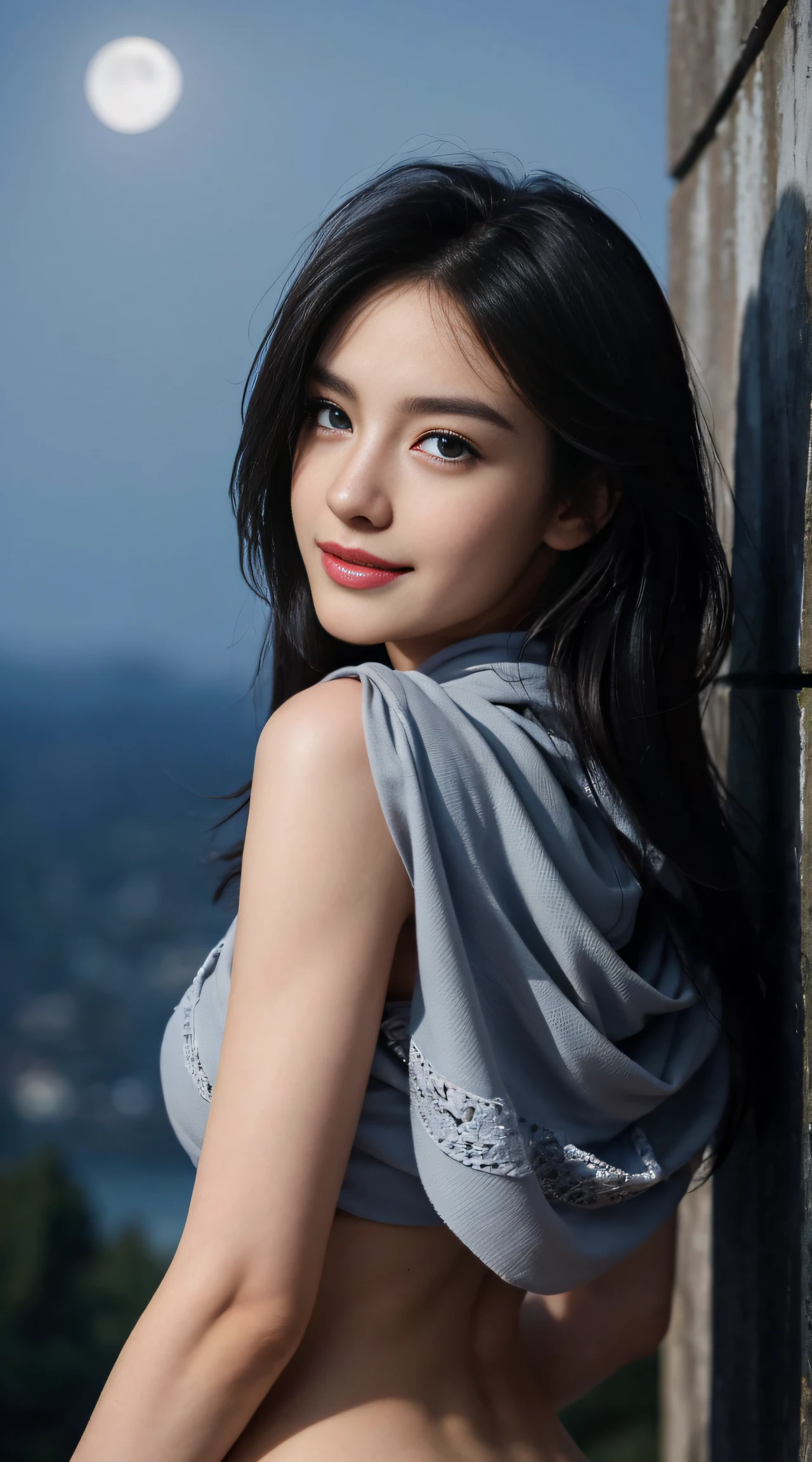 8K, Top Quality, Intricate Details, Ultra Detail, Ultra High Resolution, Masterpiece, random angle, Slender, Smile, (Makeup: 0.4), (Fluffy Blue Eyes: 1.21), blue Eyes, looking at viewer, ((full body)), 1girl, solo, 1 girl, (( full body)), close up shot, , ((tall)), (((fit body))), (((slim face))), sharp face, sharp eyes, (((black hair, long hair, )) (detailed face), sharp face, small lips,
((black scarf)), detailed face, detailed breast, , large breast, detail ass, , Beautiful girl with accentuated slender abs: 1.4, Six Pack Abs: 1.4, Bust Botox, Big, Perfect Body, detail leg, (( moonlight)), top of mountain nude perfect breast