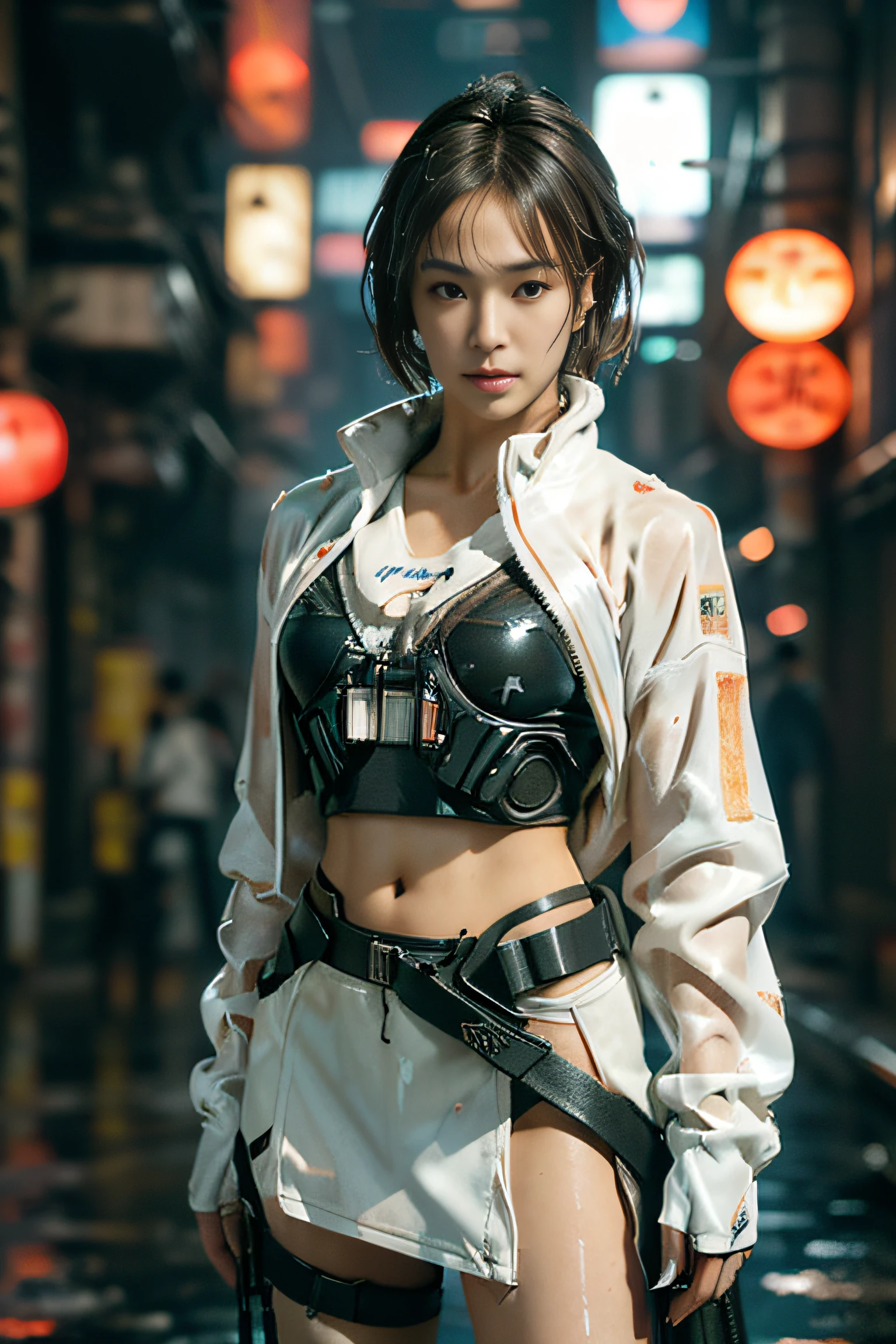 (masterpiece:1.2), (realistic, photo realistic:1.37), perfect anatomy, highly detailed background, shiny skin, (Japanese famous actress:1.5), (gyaru), flat chest, brown race, dark skin, blond hair, (very short hair:1.2), cinematic lighting, (any Pose:1.5), cowboy shot, (urban techwear:1.5), (wet hair, wet cloth, water drop on the skin:1.1), (cyberpunk city, neon, lasers:1.3), (looking back:1.1),
