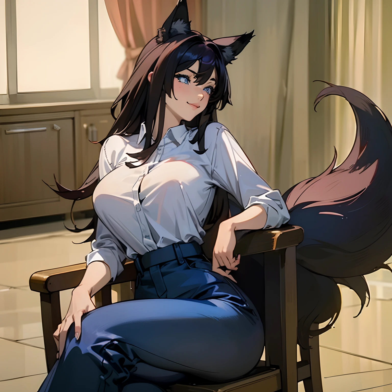 ((masterpiece)),((high resolution)),((best quality)),extremely fine and beautiful, super fine illustration, beautiful detailed girl, supple breasts, front view, facing at viewer, black hair, (Happy:1.4), (see-through:0.0), covered, hair covering breasts, black hair, (very long hair), fox ears, blue eyes, profile, white hoodie, black sweatpants, form fitting clothes, body conscious, (((dark voluminous fox tail))), medium-large breasts, (muscular thighs), muscular, bright smile, movie lighting, perfect shadow, realistic lighting shaded, (sitting outside), medieval fantasy city scenery