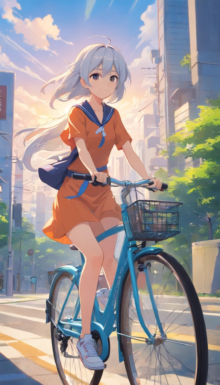 best qualtiy, tmasterpiece, 超高分辨率, realisticlying, 1 girl,(long white hair),Heterochromic pupils,(ssmile)(Riding a bicycle),shift dresses,athletic sneakers,parks,wide angles