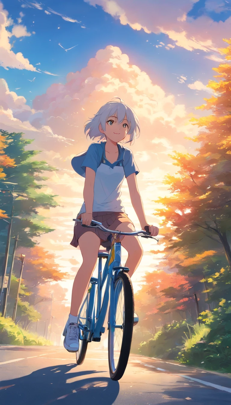 best qualtiy, tmasterpiece, 超高分辨率, realisticlying, 1 girl,(long white hair),Heterochromic pupils,(ssmile)(Riding a bicycle),shift dresses,athletic sneakers,parks,wide angles