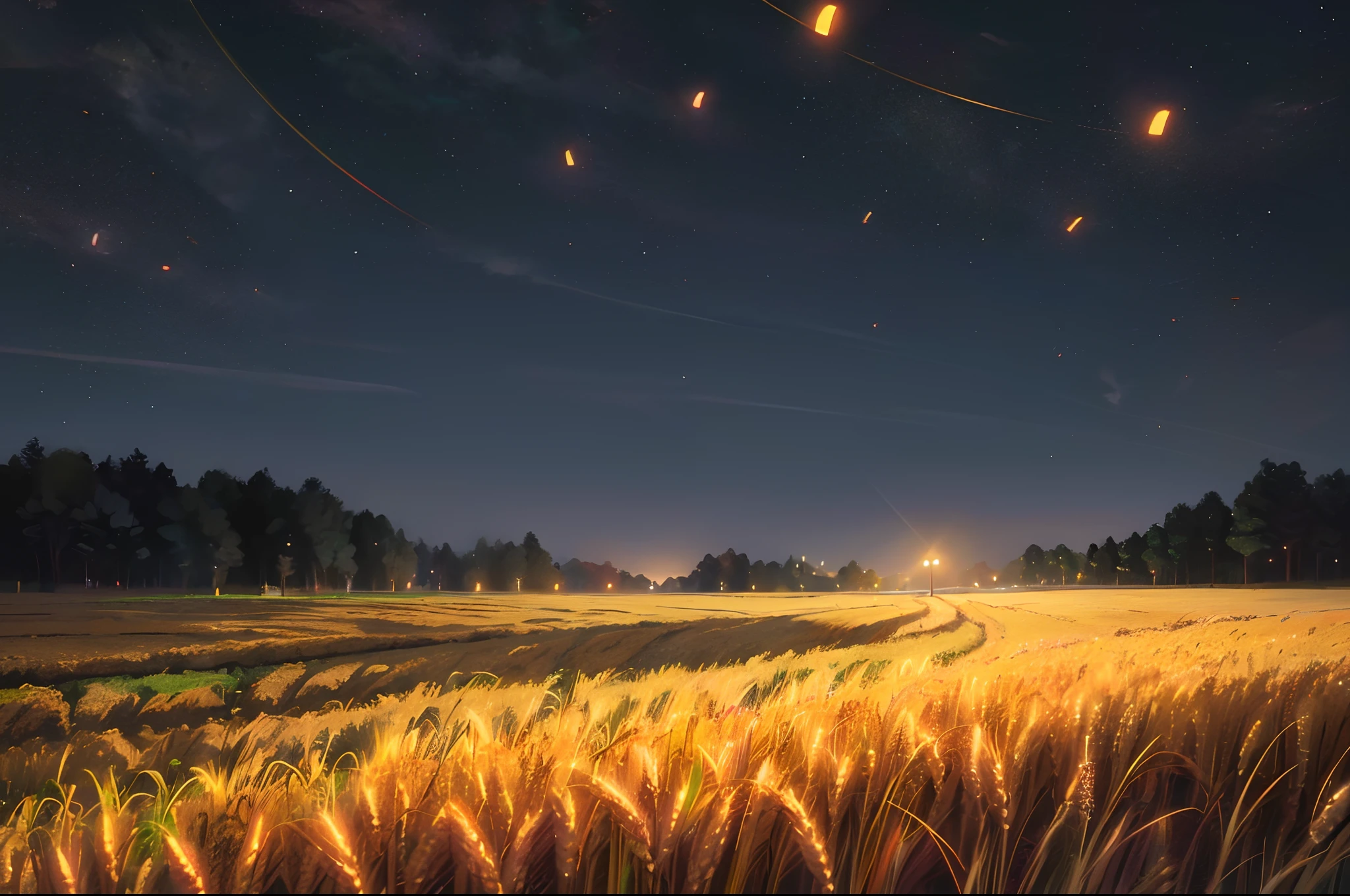 Ultra hd 32 k pixels highly detailed masterpiece nighttime abandoned farm fields with wheat crops grown upto three feets ; pitch black skies nighttime photorealistic one 90's lamp nearby dozens of glowing fireflies coming out of fields illuminating the scenery together along with 90's lamp. Hyper realistic.