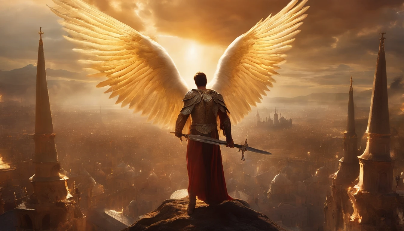 Gleaming angel with his wings spread over a city and with a sword in the midst of a great army of demons