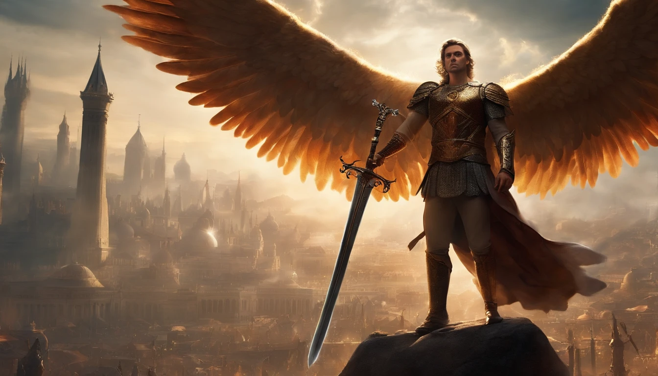 Gleaming angel with his wings spread over a city and with a sword in the midst of a great army of demons