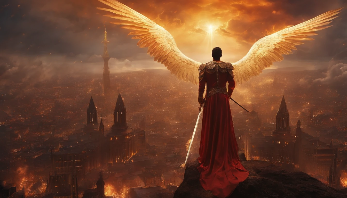 Gleaming angel with his wings spread over a city and with a sword in the midst of a great army of demons