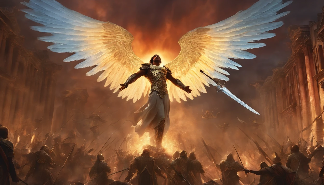 Gleaming angel with his wings spread over a city and with a sword in the midst of a great army of demons