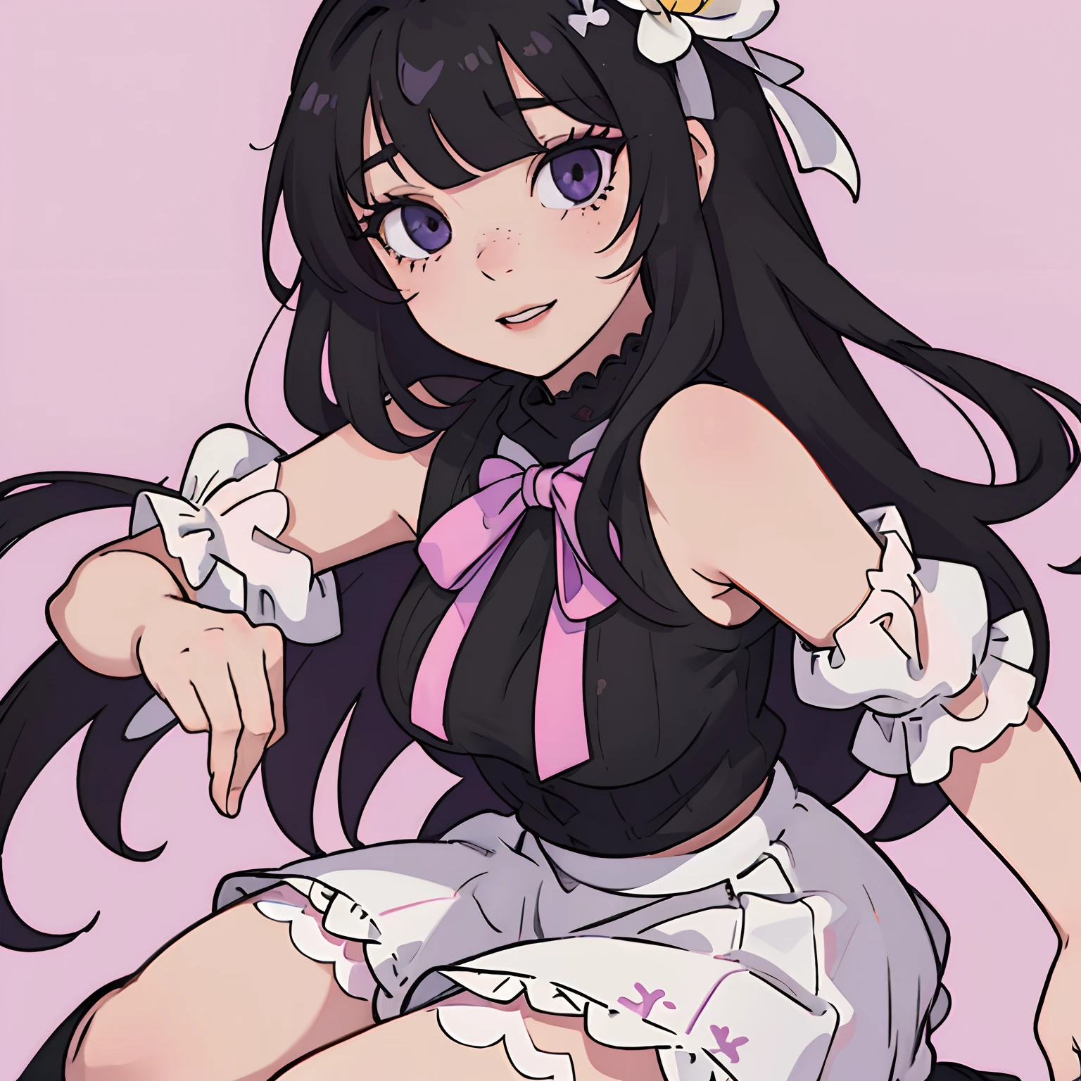 kitty cat in white lacy panties looking down towards ground with arms up, 1girl, solo, animal ears, animal hands, breasts, black hair, long hair, navel, paw gloves, cat ears, bow, clothing cutout, tail, looking at viewer, purple eyes, smile, underwear, gloves, fang, cleavage, cat tail, panties, bowtie, cat girl, cleavage cutout, ribbon, :d, open mouth, stomach, twintails, hair ribbon, very long hair, bra, side-tie panties, black panties, cat cutout, simple background, blue bow, black bra
