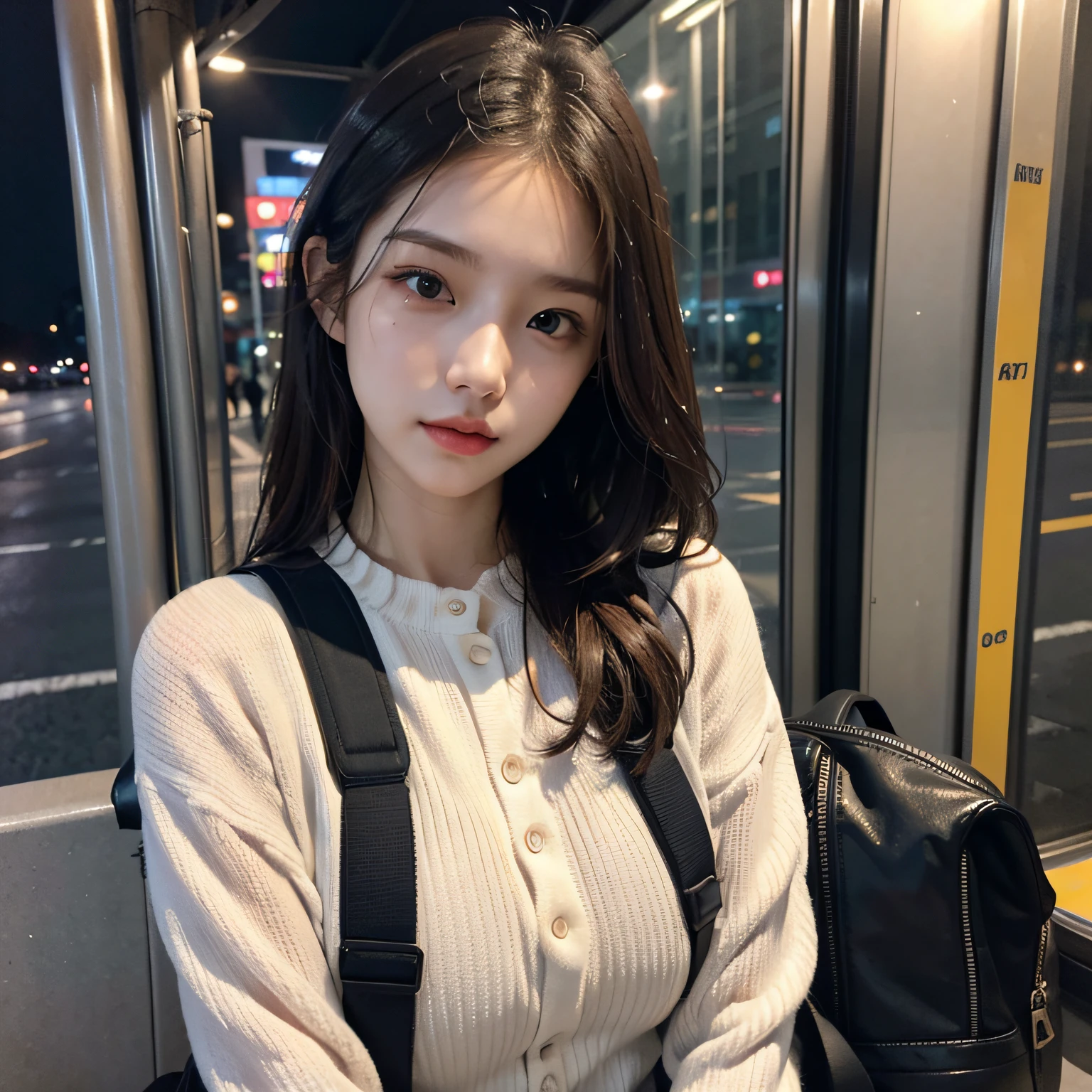 (1womanl)、(Super beautiful)、(beautiful face:1.7)、Rainy evening at a bus stop、in Seoul, wearing a backpack